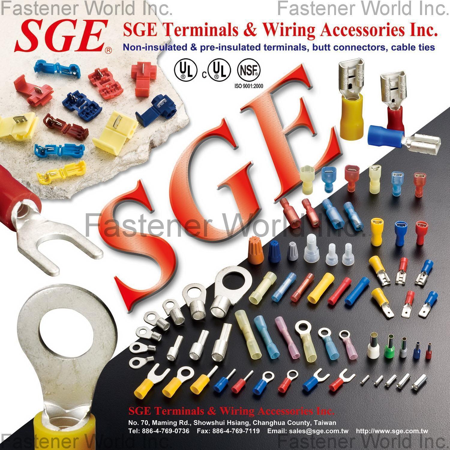 SGE TERMINALS & WIRING ACCESSORIES INC. , wiring terminals, cable terminals, cable lug, cord end ferrules, flag terminals, electrical connector, electrical terminals, pre insulated terminals, faston, push on connectors, quick connectors, aftermarket wire nut, cable terminals, DIN46234 ring terminals , Automotive Parts