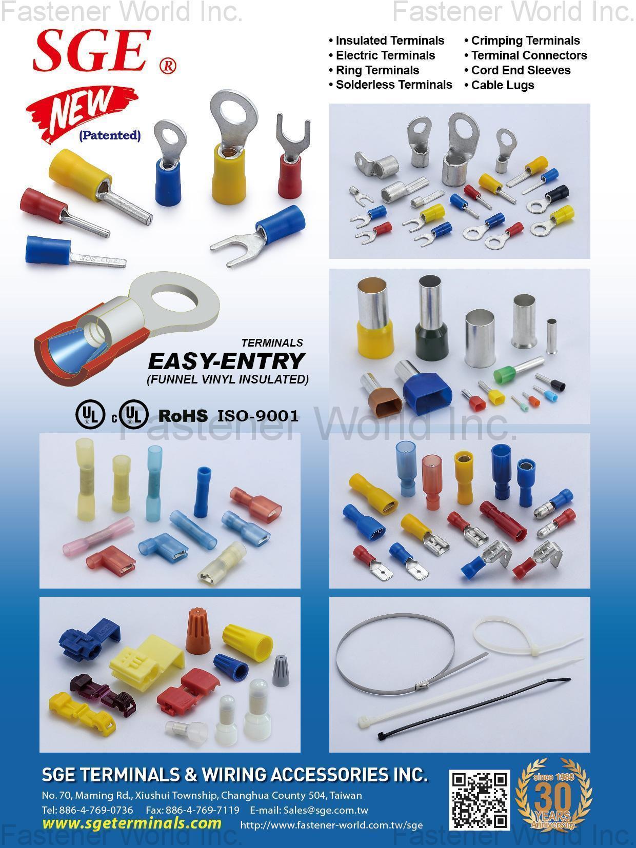 SGE TERMINALS & WIRING ACCESSORIES INC. , Insulated Terminals, Electric Terminals, Ring Terminals, Solderless Terminals, Crimping Terminals, Terminal Connectors, Cord End Sleeves, Cable Lugs , Cable Ties