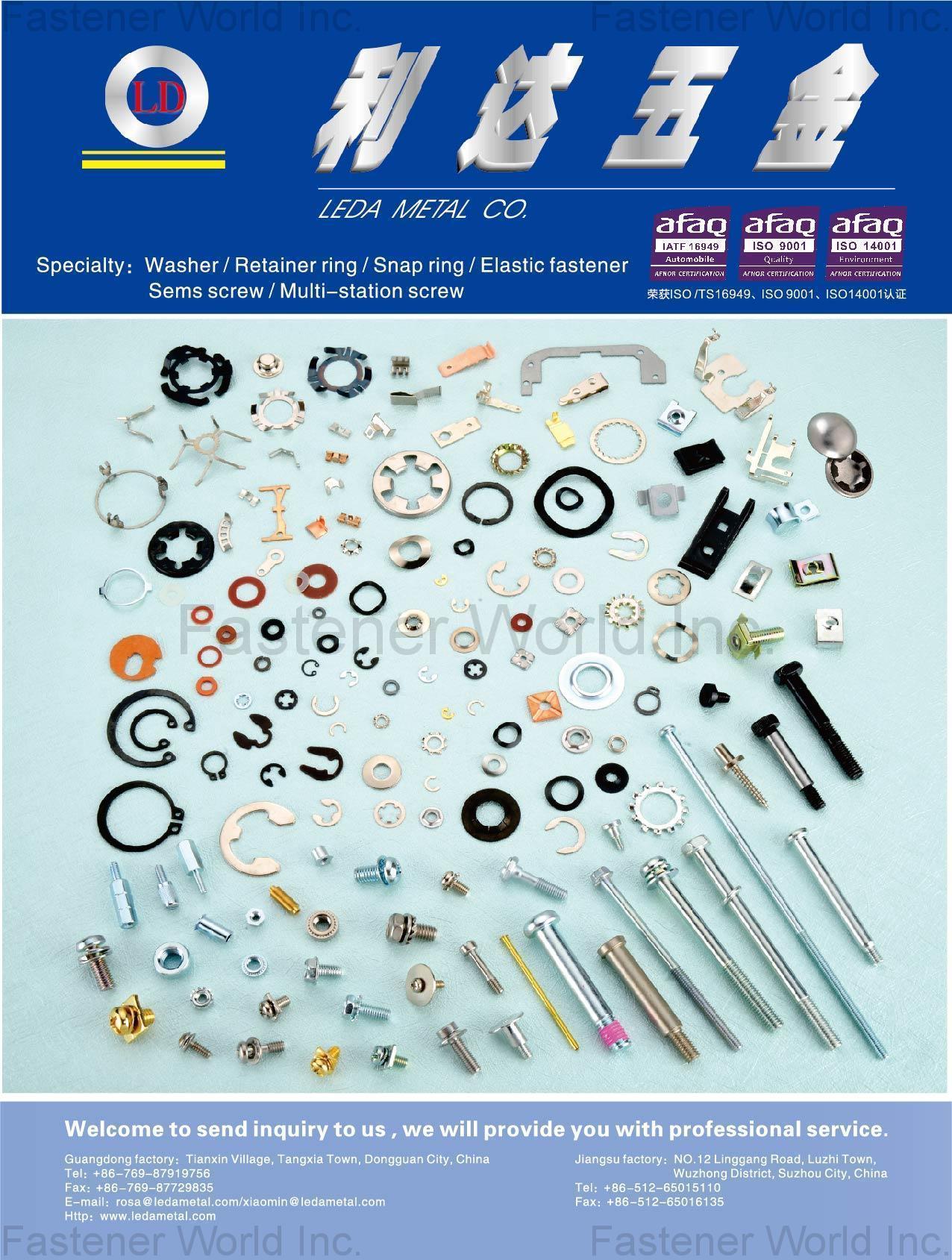 LEDA METAL COMPANY , Washer, Retainer Ring, Snap Ring, Elastic Fastener, Sems Screw, Multi-Station Screw , Washers