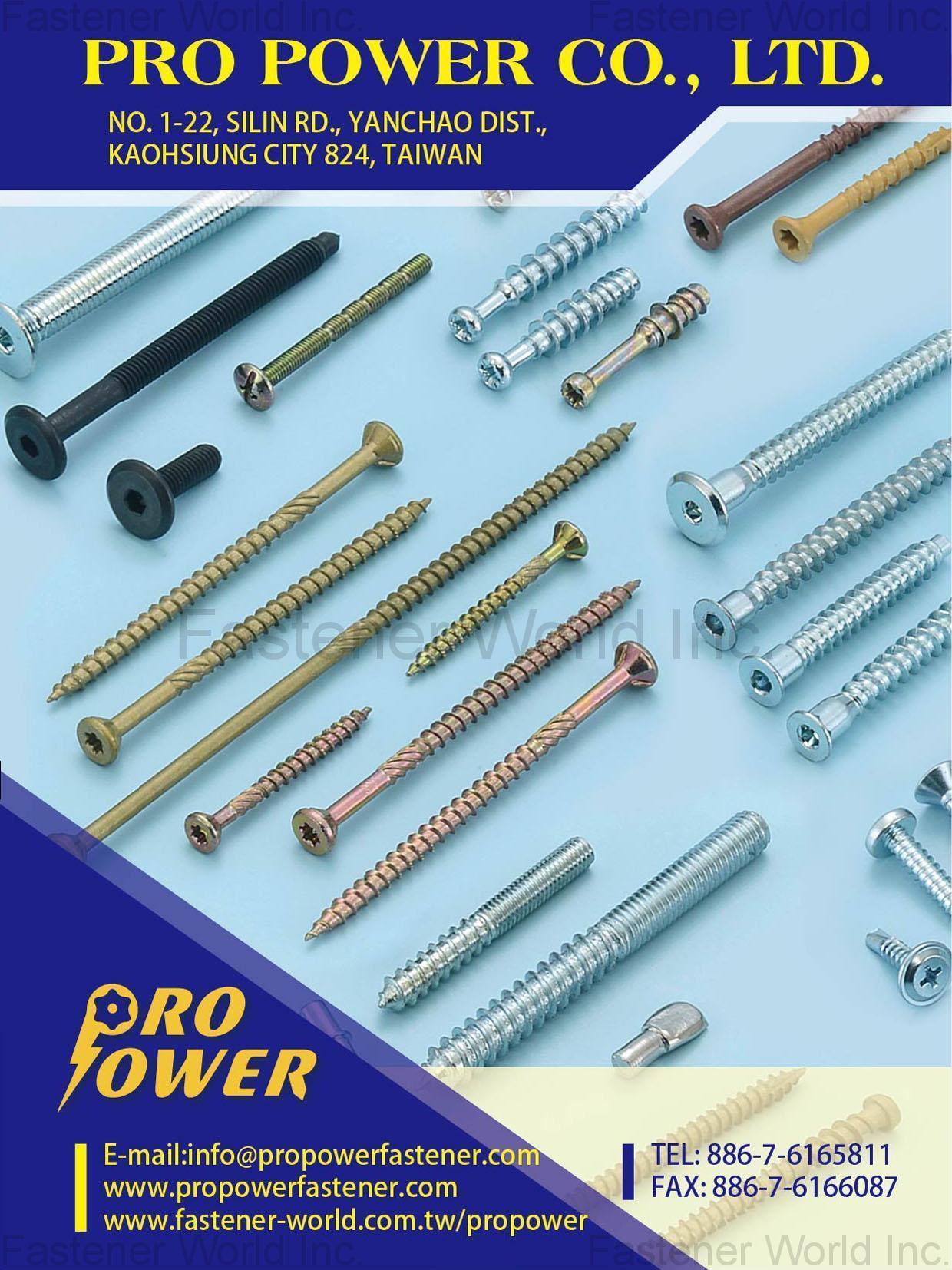 PRO POWER CO., LTD. , DECK SCREW,EURO SCREW, CHIPBOARD SCREW, PARTICLE BOARD SCREW, SELF DRILLING SCREW, SELF TAPPING SCREW, DRYWALL SCREW, CONFIRMAT SCREW, SLEEVE SCREW, MACHINE SCREW, JOINT CONNECTOR BOLT, BREAK-OFF MACHINE SCREW, SLEEVE NUT, SHELF SUPPORT(PIN) , All Kinds Of Building Materials And Accessories