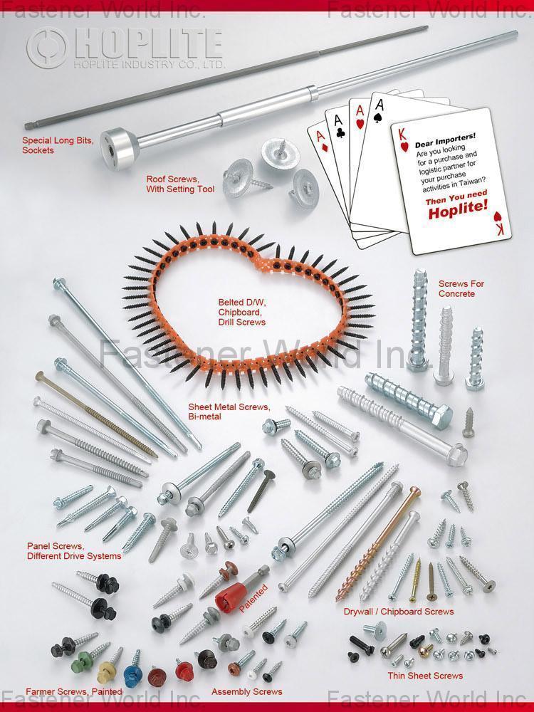 HOPLITE INDUSTRY CO., LTD , Special Long Bits, Sockets, Roof Screws, With Setting Tool, Belted D/W, Chipboard, Drill Screws, Screws For Concrete, Sheet Metal Screws, Bi-metal, Panel Screws, Different Drive Systems, Patented, Drywall / Chipboard Screws, Farmer Screws, Painted, Assembly Screws, Thin Sheet Screws , Bits