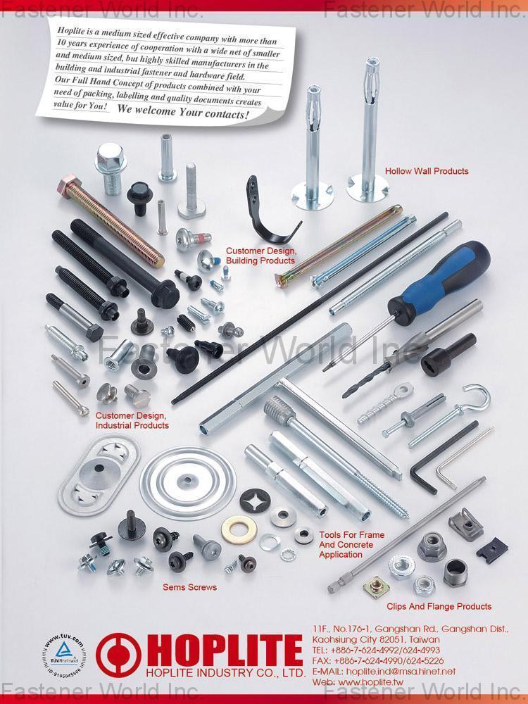 HOPLITE INDUSTRY CO., LTD , Hollow Wall Products, Customer Design Building Products, Customer Design Industrial Products, Tools For Frame And Concrete Application, Sems Screws, Clips And Flange Products , All Kinds of Screws