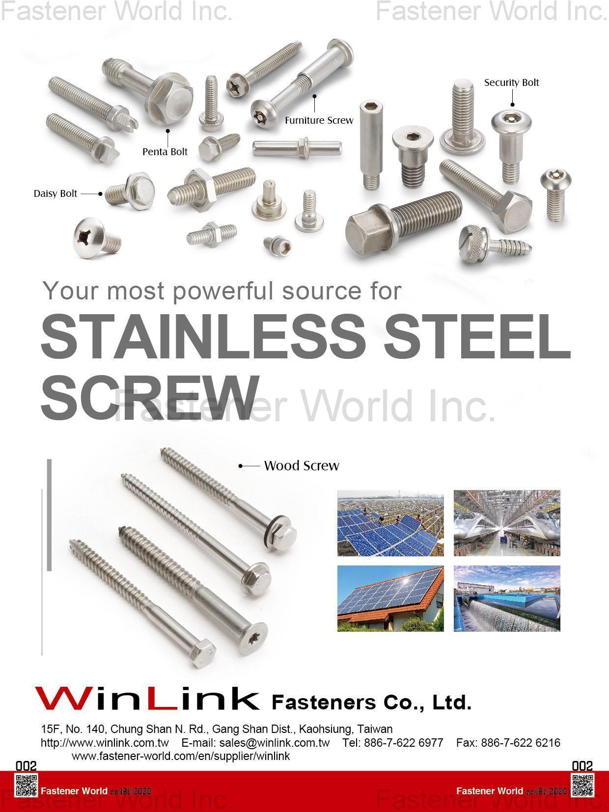 WINLINK FASTENERS CO., LTD.  , Stainless Steel Screw, Daisy Bolt, Penta Bolt, Furniture Screw, Security Bolt, Wood Screw , Security Bolts