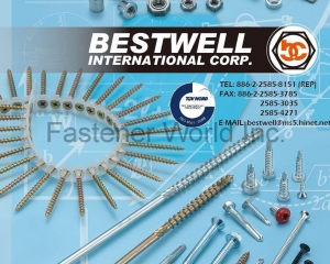 Chipboard ScrewsHEX BOLT, SQUARE BOLT, CARRIAGE BOLT, FLANGE BOLT, SOCKET HEAD CAP SCREW, SET SCREW, SHACKLE BOLT, CUP BOLT, ALL THREAD STUD, OVAL NECK, SQUARE NECK, GAS BOLT, T-HEAD BOLT, SINGLE END STUD, T/S & M/S, SELF DRILLING SCREW, DWS & CHIPBOARD SCREW, SCREW WITH BONDER WASHER, SECURITY SCREW, SEM SCREW, SEPCIAL SERRATION SCREW, NUT, LOCK NUT, TEFLON COATING NUT, NON-STANDARD & OTHERS, FLAT WASHER, LOCK WASHER, SQUARE WASHER, SOLID WASHER, ANCHOR, STAMPING, SPECIAL FASTENERS, D-RING & RINGS, CNC ITEMS, WIRE MESH, BUTT SEAM SPACER, PLASTIC OR RUBBER PARTS, POWDER METALLURGY, SPRING & CL(BESTWELL INTERNATIONAL CORP. )