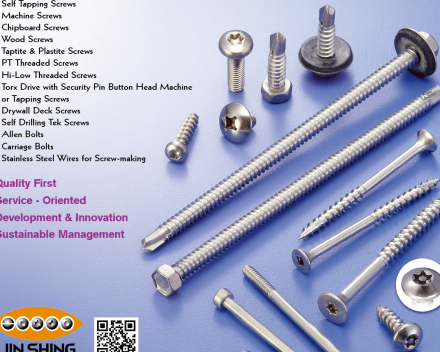 Slef Tapping Screws, Machine Screws, Chipboard Screws, Wood Screws, Taptite & Plastite Screws, PT Threaded Screws, High-Low Threaded Screws, Torx Drive with Security Pin Button Head Machine or Tapping Screws, Drywall Deck Screws, Self Drilling Tek Screws, Allen Bolts, Carriage Bolts, Stainless Steel Wires for Screw-making(JIN SHING STAINLESS IND. CO., LTD.)