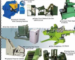 Hydraulic Mold Clamping Machine, Rotary Drum Washer & De - Oiler, Conveyor Parts Washer, De - Oiler, Wire Straightener, Arraying Step Feeder, Sorting Roller with Box Packing System, Hydraulic Press for Carbide Nib Replacement(HONG TAY YUE ENTERPRISE CO., LTD.)