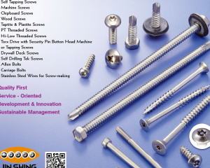 Slef Tapping Screws, Machine Screws, Chipboard Screws, Wood Screws, Taptite & Plastite Screws, PT Threaded Screws, High-Low Threaded Screws, Torx Drive with Security Pin Button Head Machine or Tapping Screws, Drywall Deck Screws, Self-Drilling Tek Screws, Allen Bolts, Carriage Bolts, Stainless Steel Wires for Screw-making(JIN SHING STAINLESS IND. CO., LTD.)