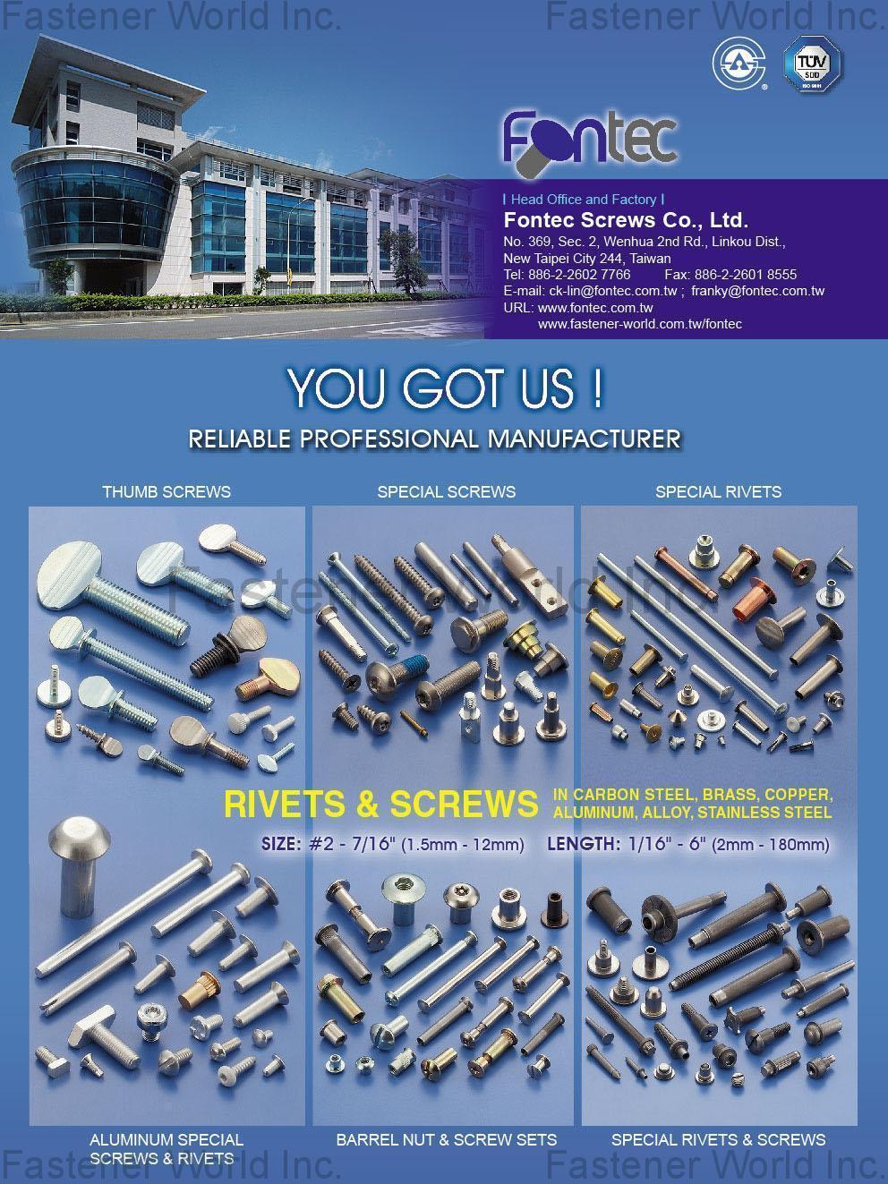 FONTEC SCREWS CO., LTD.  , Thumb Screws, Special Screws, Special Rivets, Aluminum Special Screws & Rivets, Barrel Nut & Screw Sets, Special Rivet & Screws , Thumb Screws