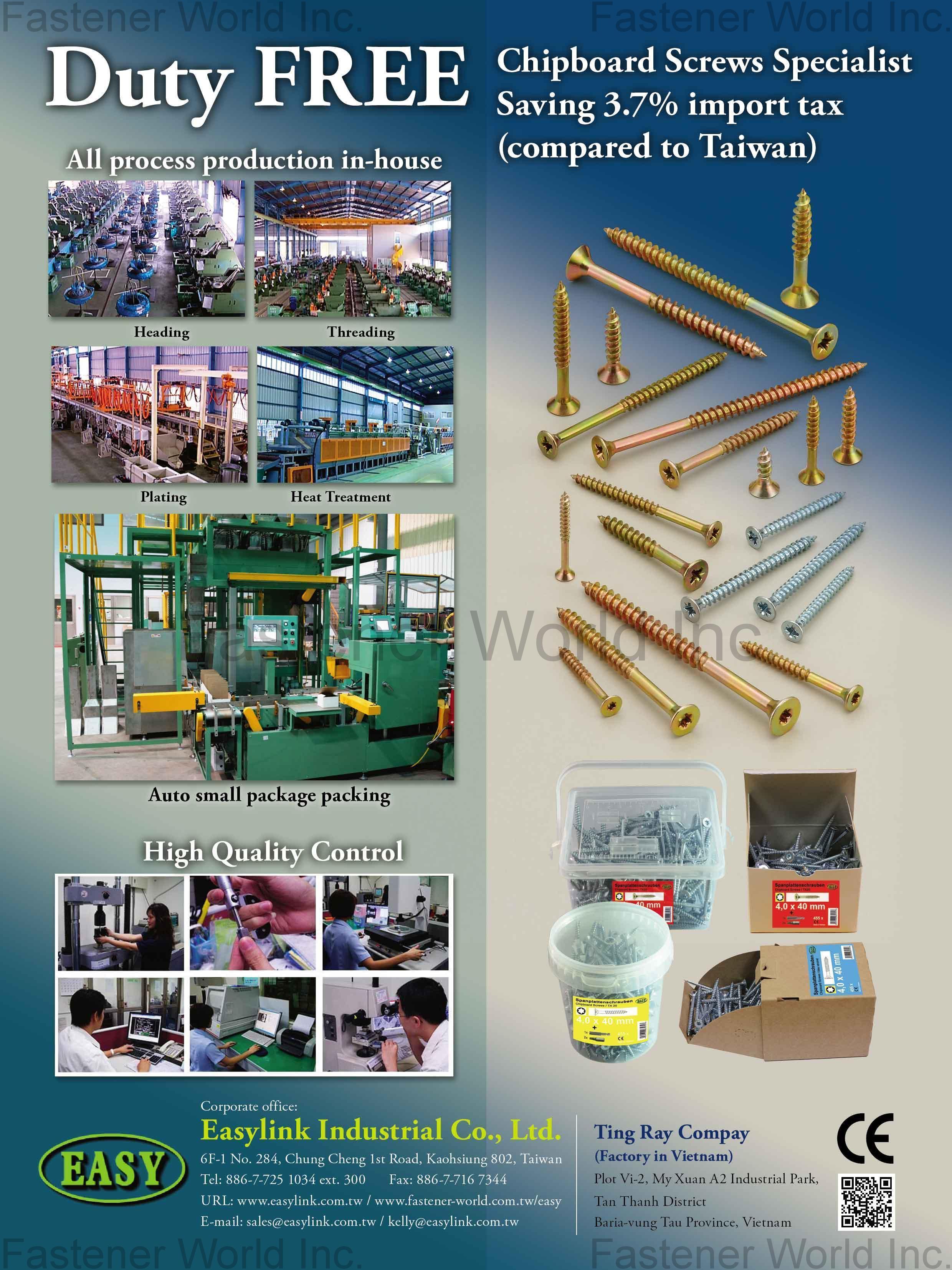 EASYLINK INDUSTRIAL CO., LTD. , Automotive Part, Electronic Screw, Standard Parts, Furniture Components , Chipboard Screws