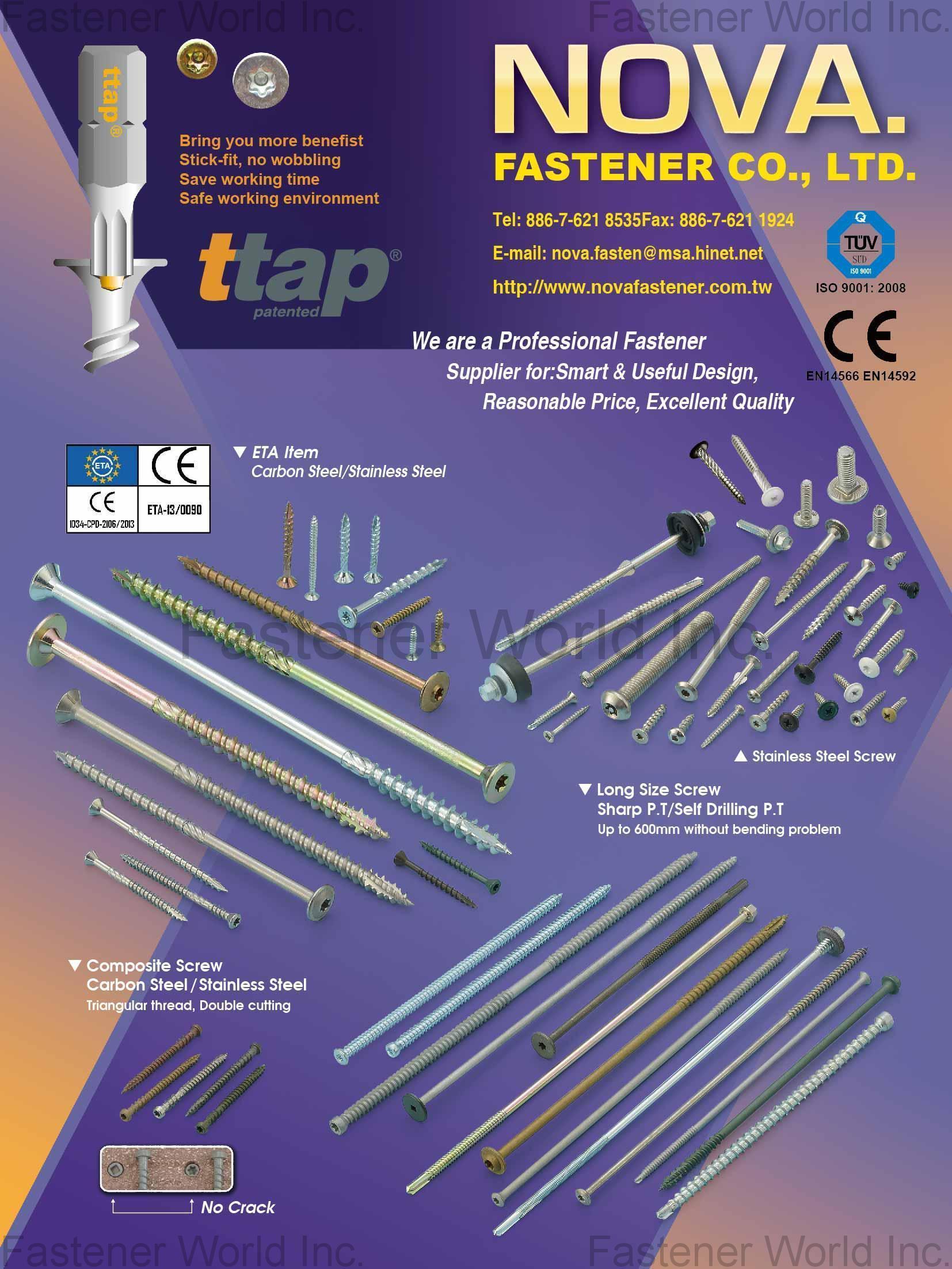 NOVA. FASTENER CO., LTD.  , ttap panted, Composite Screw, Long Size Screw, Stainless Steel Screw , Composite Screws