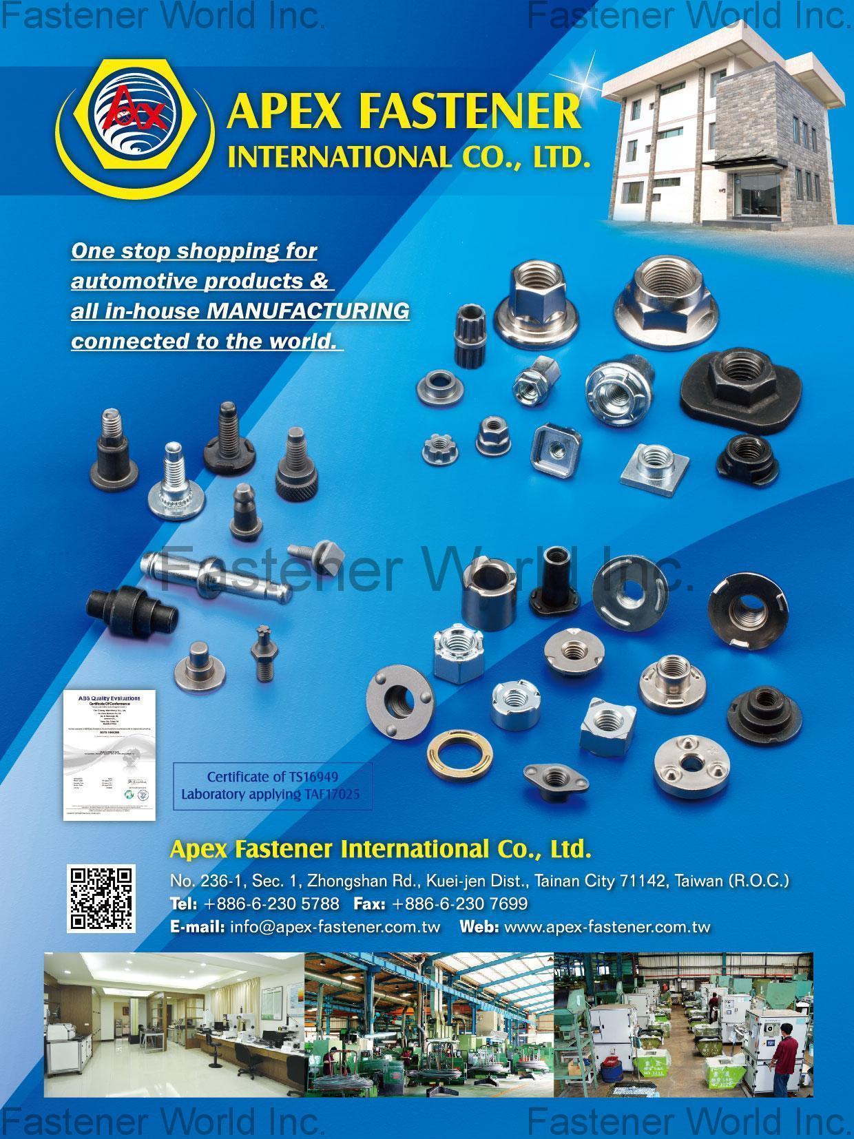 APEX FASTENER INTERNATIONAL CO., LTD. , Weld Nut, Flange Nut, Lock Nut, Nylon Insert Nut, Stainless Nut, Special Nut, Special Fastener, Sleeve Nut, Mold, Punch   , Weld Nuts