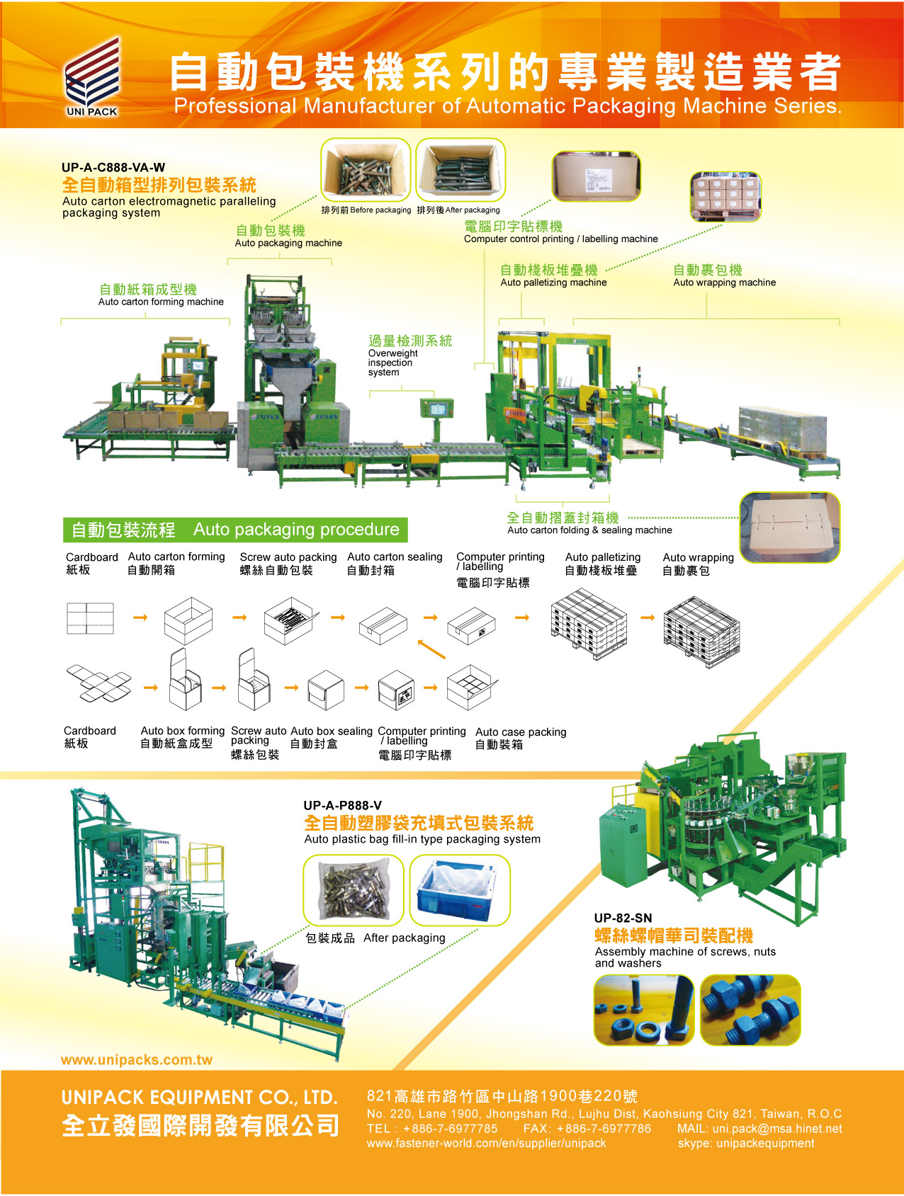 UNIPACK EQUIPMENT CO., LTD. , Auto Carton Electromagnetic Paralleling packaging system, Auto Carton Forming Machine, Auto Packaging Machine, Overweight Inspection System, Computer Control Printing / Labelling Machine, Auto Palletizing Machine, Auto Wrapping Machine, Auto Carton Folding & Sealing Machine, Auto Plastic Bag Fill-in Type Packaging System, Assembly Machine of Screw, Nuts and Washers , Auto Carton Electromagnetic Paralleling Packaging Machine UNIPACK EQUIPMENT CO., LTD. , Auto Carton Electromagnetic Paralleling packaging system, Auto Carton Forming Machine, Auto Packaging Machine, Overweight Inspection System, Computer Control Printing / Labelling Machine, Auto Palletizing Machine, Auto Wrapping Machine, Auto Carton Folding & Sealing Machine, Auto Plastic Bag Fill-in Type Packaging System, Assembly Machine of Screw, Nuts and Washers , Auto Carton Electromagnetic Paralleling Packaging Machine
