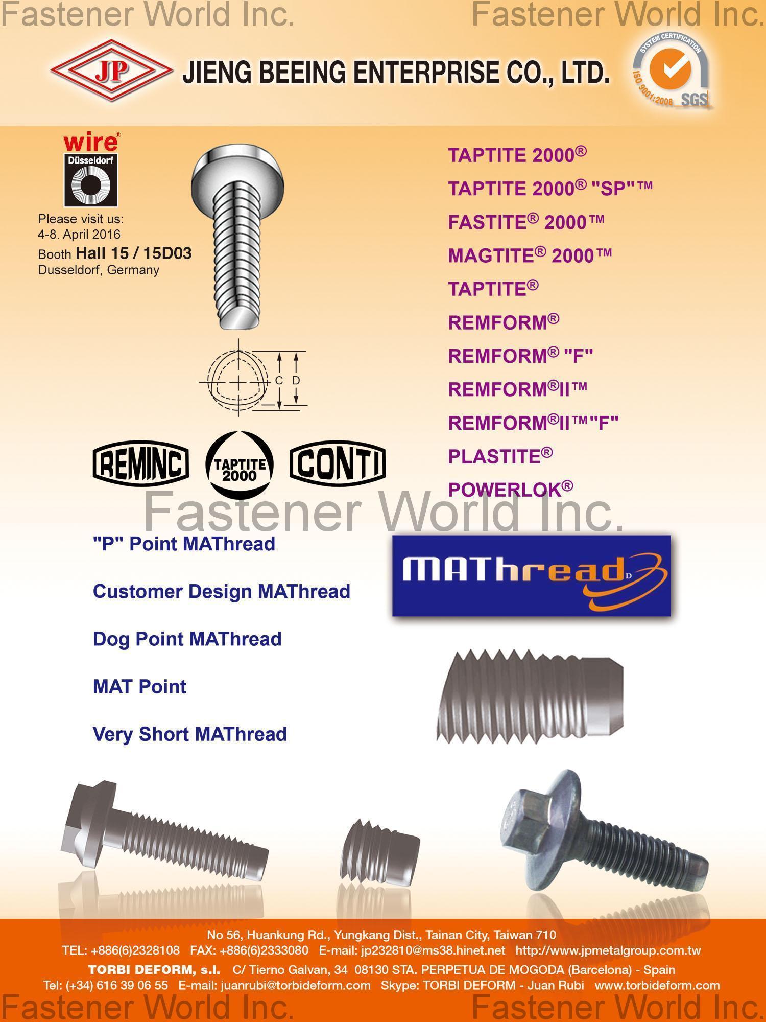 JIENG BEEING ENTERPRISE CO., LTD.  , P Point MAThread,Customer Design MAThread,Dog Point MAThread,MAT Point,Very Short MAThread , Triangular Thread Screws