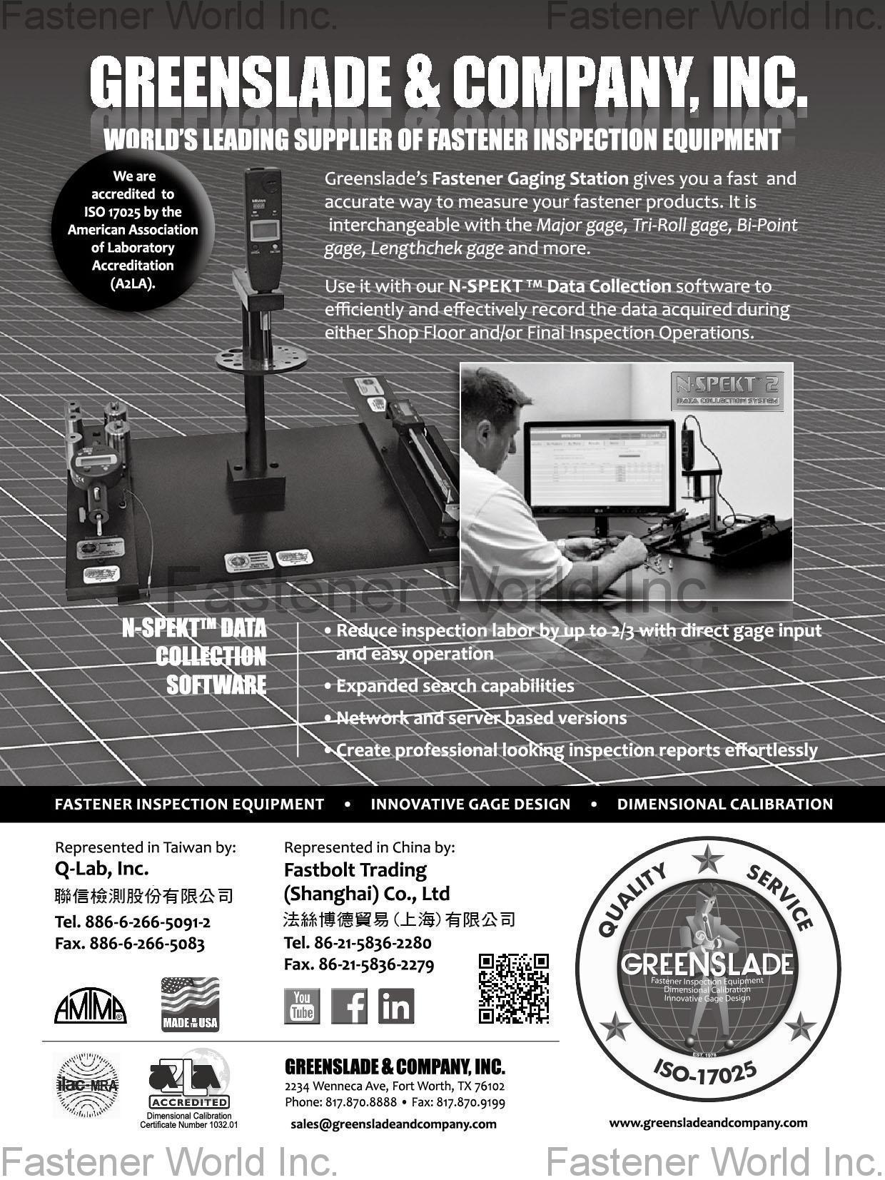 GREENSLADE & COMPANY, INC. , N-Spekt Data Collection Software, Fastener Inspection Equipment, Innovative Gage Design, Dimensional Calibration , Spec Inspection