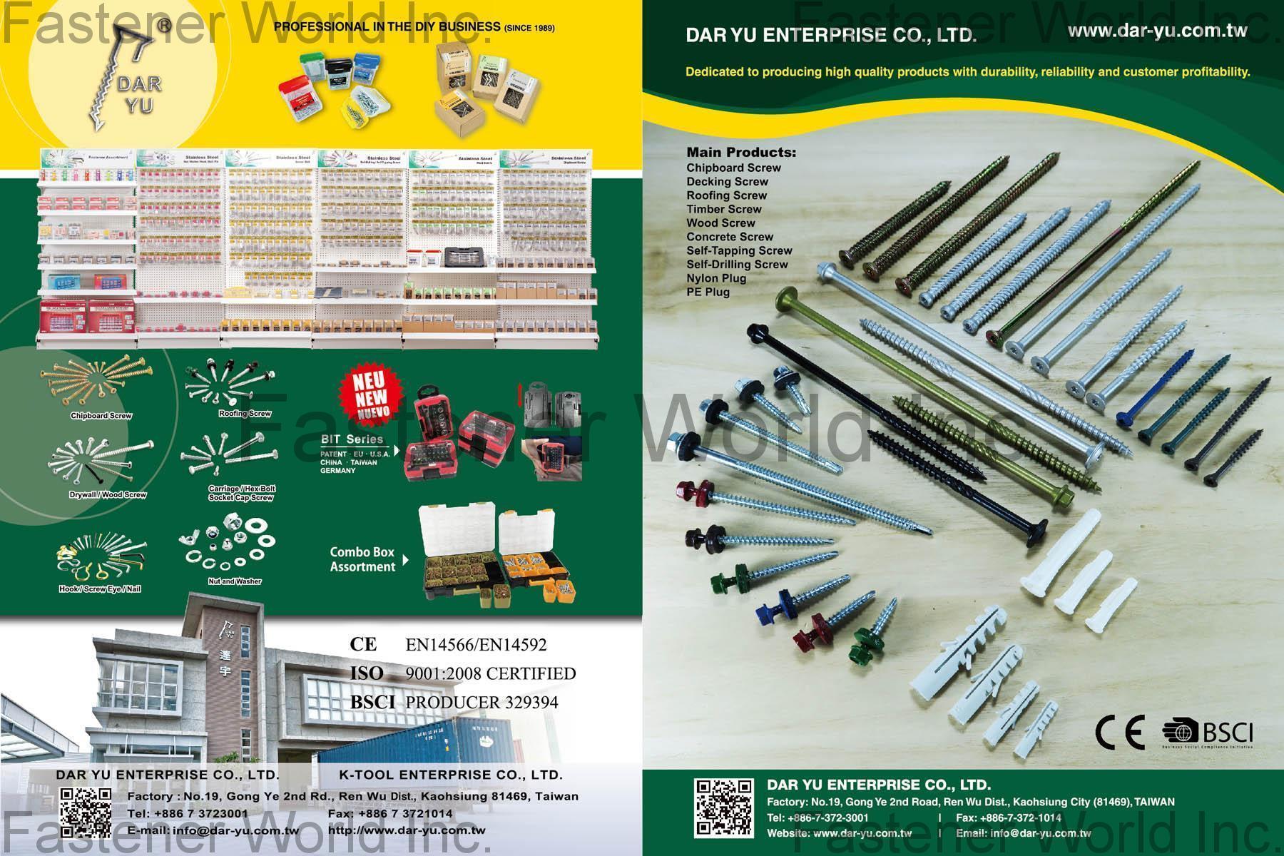 DAR YU ENTERPRISE CO., LTD.  , Chipboard Screw, Decking Screw, Roofing Screw, Timber Screw, Wood Screw, Concrete Screw, Self-Tapping Screw, Self-Drilling Screw, Nylon Plug, PE Plug , Chipboard Screws