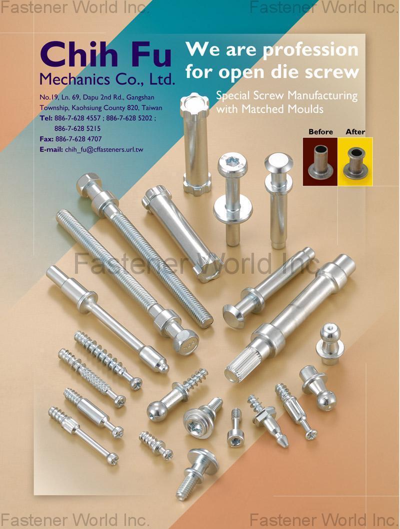 CHIH FU MECHANICS CO., LTD.  , AUTOMOTIVE PARTS, Ball stud, Pin stud, I-shaped Bushing, CONSTRUCTION PARTS, Machine screw, Tapping screw / Drywall screw, High Low thread screw, Tri-Lobular thread screw , Open Die Screw