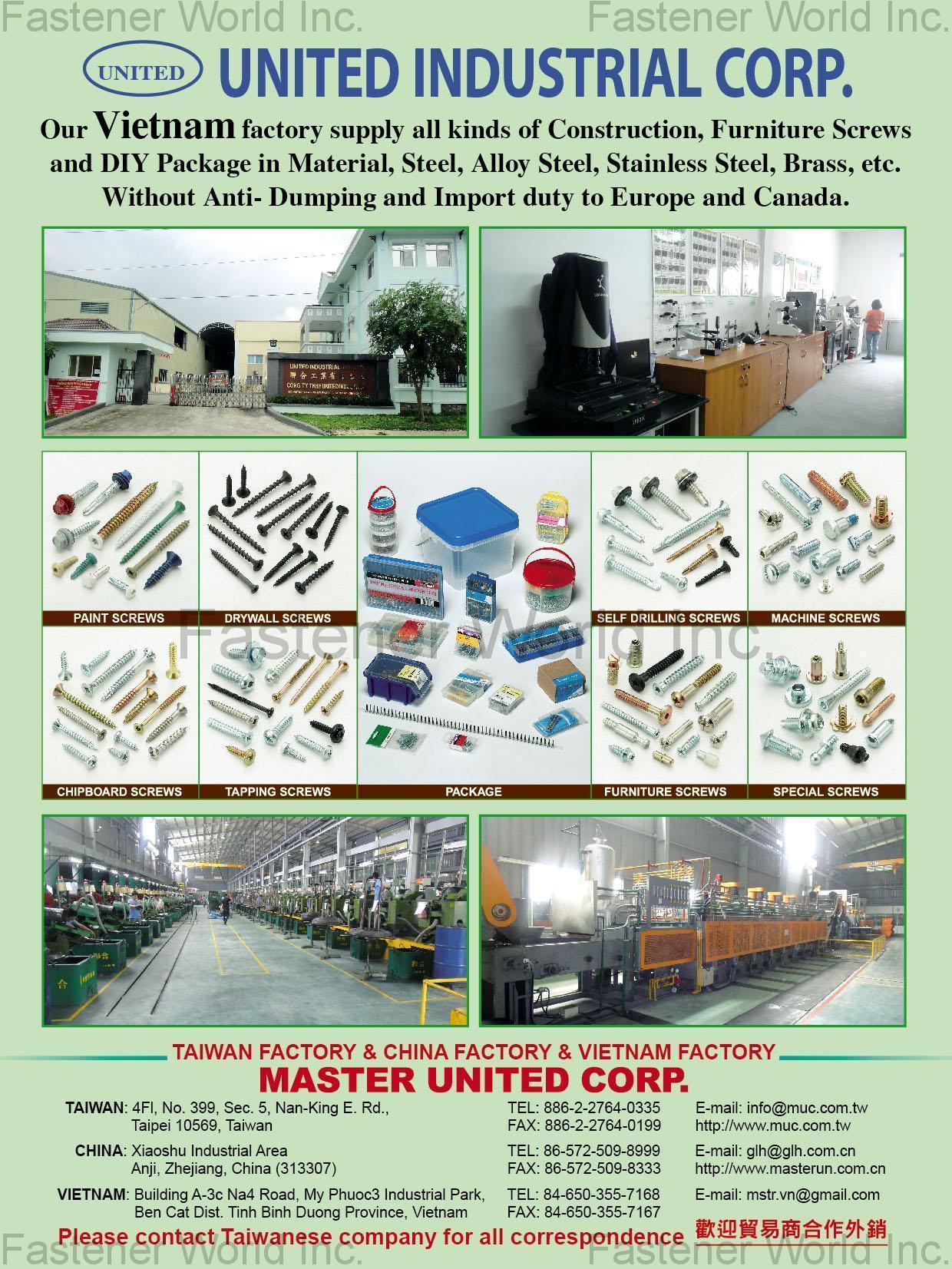 MASTER UNITED CORP.  , Paint Screws, Drywall Screws, Chipboard Screws, Tapping Screws, Self Drilling Screws, Machine Screws, Furniture Screws, Special Screws, Package , Machine Screws