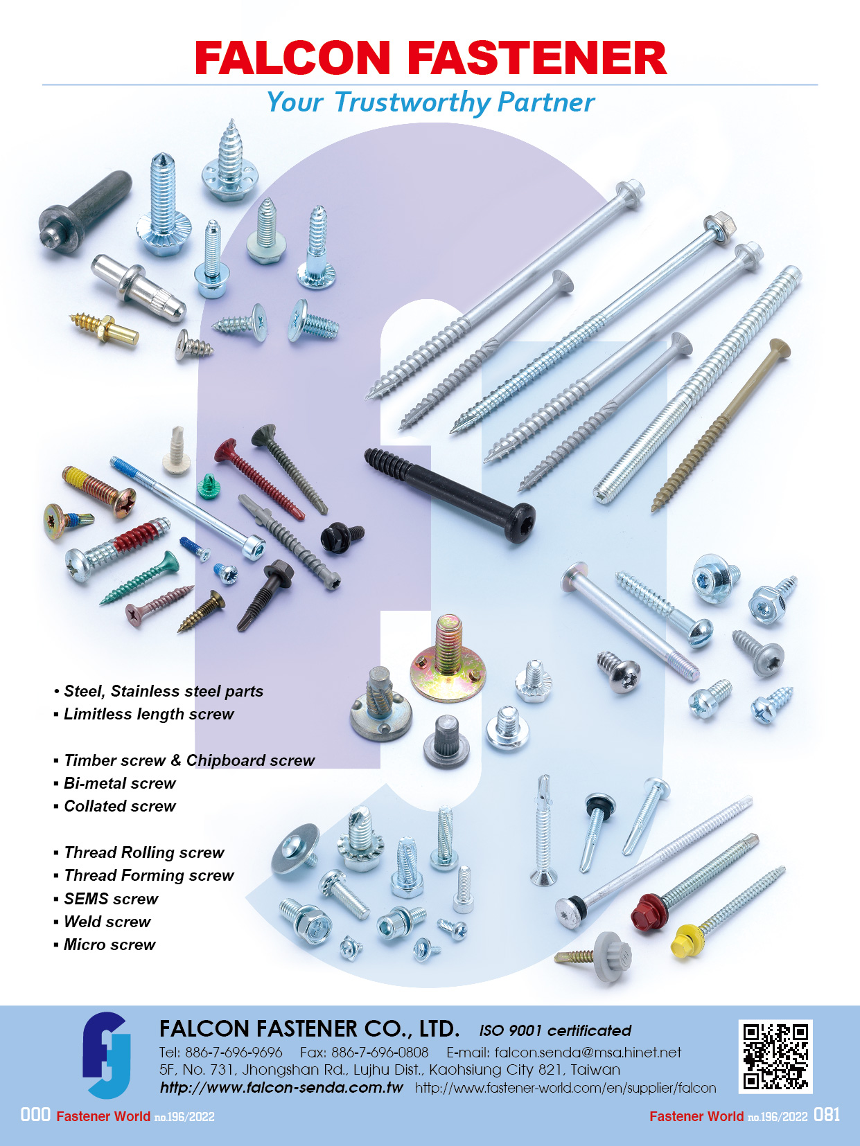 FALCON FASTENER CO., LTD.  , Steel, Stainless Steel Parts, Limitless Length Screws, Timber Screws, Chipboard Screws, Bi-metal Screws, Collated Screws, Thread Rolling Screws, Thread Forming Screws, Sems Screws, Weld Screws, Micro Screws , Automotive Parts