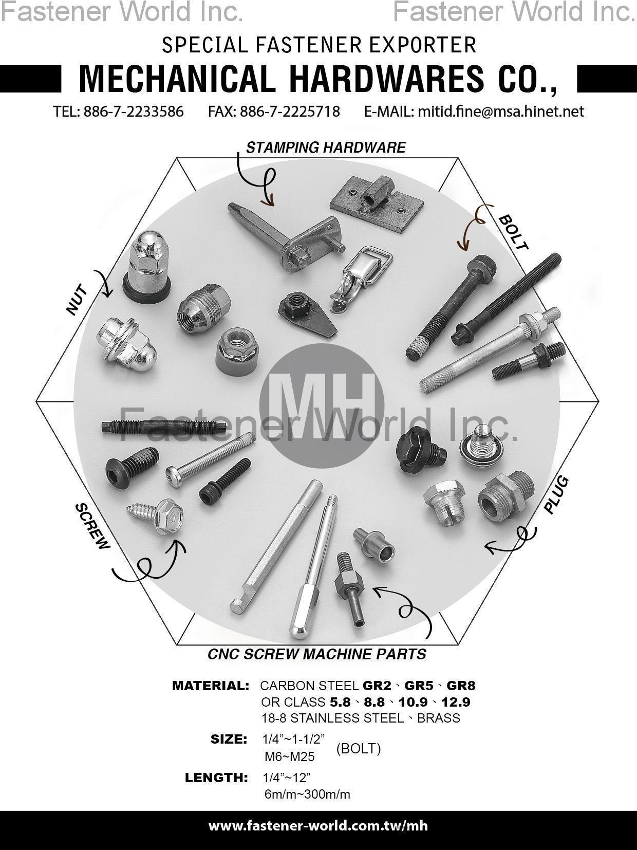 MIT INDUSTRIAL ACCESSORIES CORP. (MECHANICAL HARDWARES CO.) , Stamping Hardware, Bolts, Plug, Nuts, Screws, CNC Screw Machine Parts , Stamped Parts
