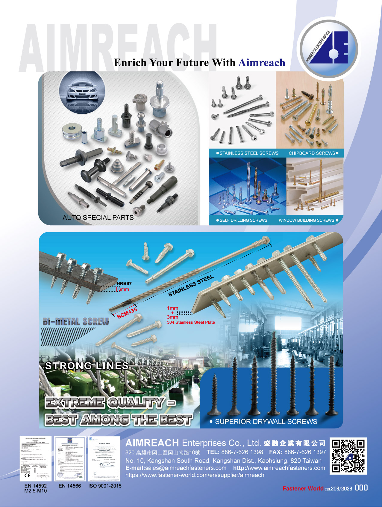 AIMREACH ENTERPRISES CO., LTD.  , Drywall Screws, Auto Special Parts, Chipboard Screw, Roofing Screws, Self Drilling Screws, Window Building Screws, Bi-Metal Screws, Self-Drilling Anchors, Stainless Steel Drilling Screw, Superior Drywall Screws , Automotive Parts