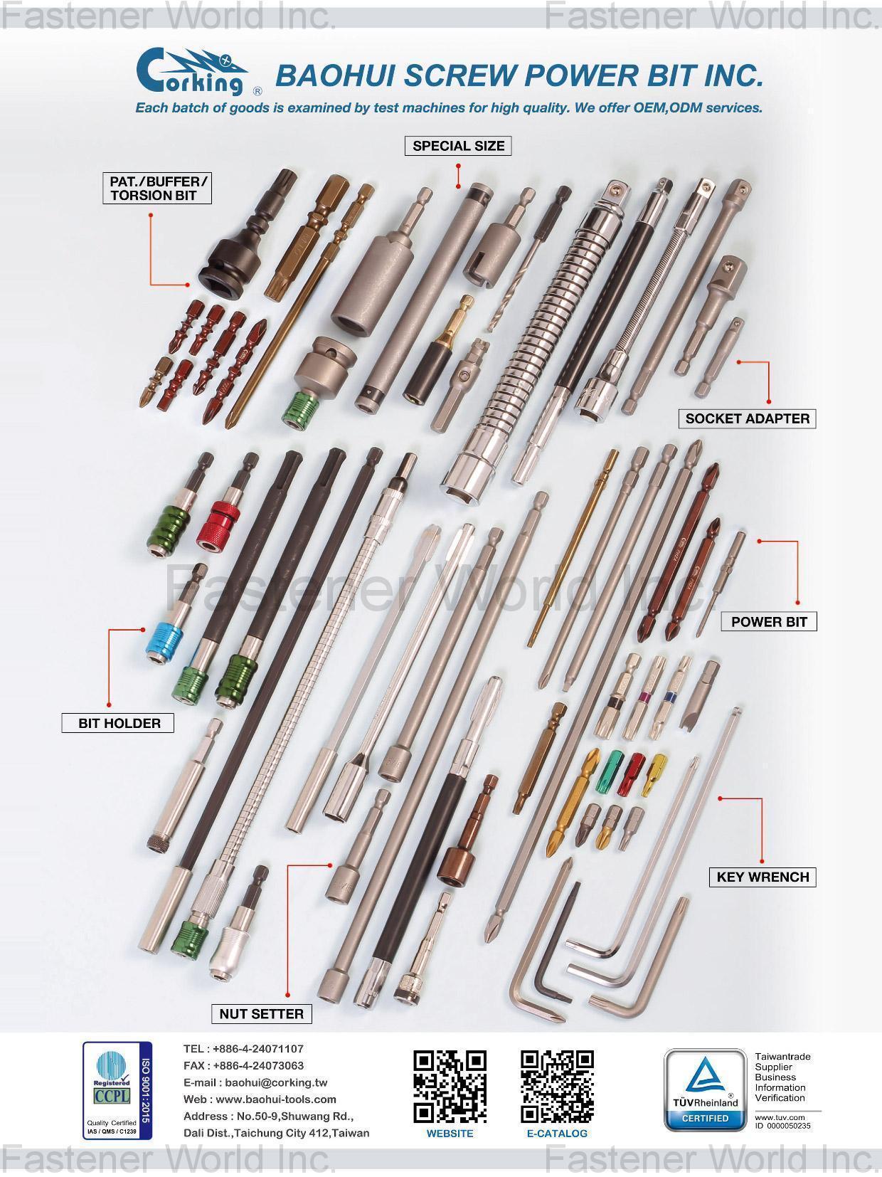 BAOHUI SCREW POWER BIT INC.  , Power Bits, Socket Adapter, Bit Holder, Nut Setter, Key Wrench , Hand Tools In General