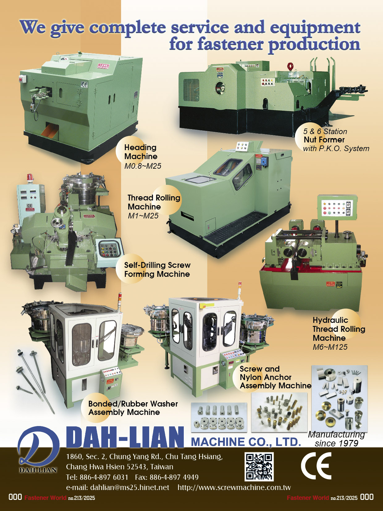 DAH-LIAN MACHINE CO., LTD  , Heading Machine, Thread Rolling Machine, Nut Former, Bonded/Rubber Washer Assembly Machine, Hydraulic Thread Rolling Machine, Sems Screw Assembly Machine , Heading Machine