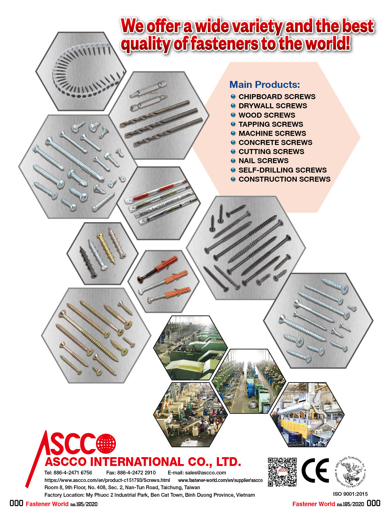 ASCCO INTERNATIONAL CO., LTD. , Chipboard Screws, Drywall Screws, Wood Screws, Tapping Screws, Machine Screws, Concrete Screws, Self-Drilling Screws, Cutting Screws, Nail Screws, Construction Screws , Chipboard Screws