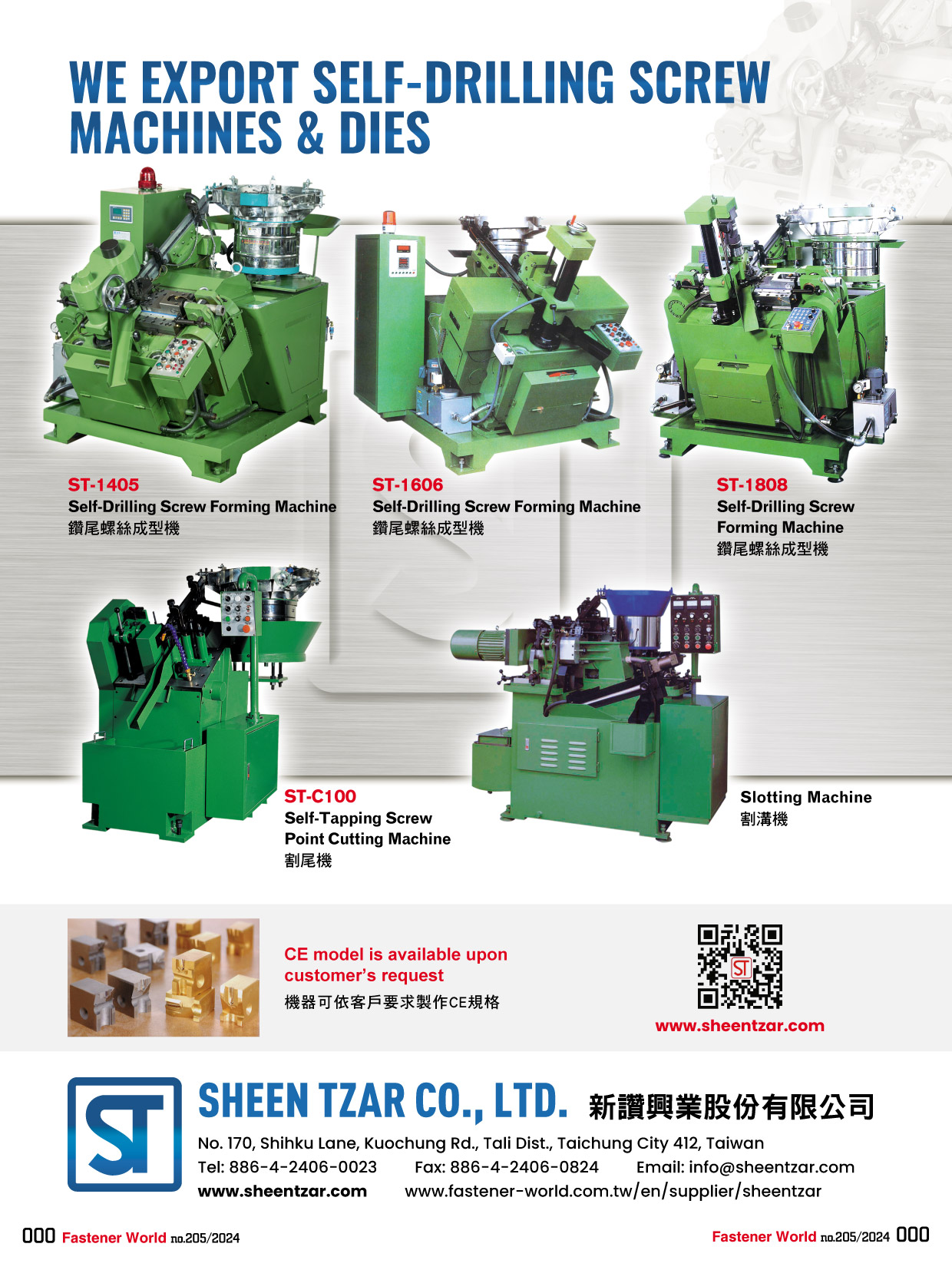 SHEEN TZAR CO., LTD.  , ST-1405 Self-Drilling Screw Forming Machine, ST-1606 Self-Drilling Screw Forming Machine, ST-C100 Self-Tapping Screw Point Cutting Machine, Heading Machine, Screw Washer Assembly Machine, Slotting Machine , Self-drilling Screw Forming Machine