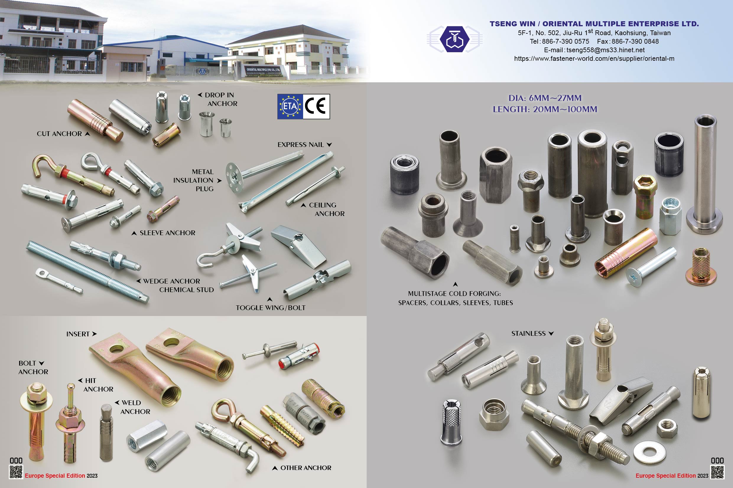 TSENG WIN , Cut Anchor, Drop in Anchor, Metal Insulation Plug, Express Nail, Ceiling Anchor, Sleeve Anchor, Wedge Anchor Chemical Stud, Toggle Wing/Bolt, Insert, Bolt Anchor, Hit Anchor, Weld Anchor, Stainless Steel, Multistage cold Forging, Spacers, Collars, Sleeves, Tubes , Cut Anchors
