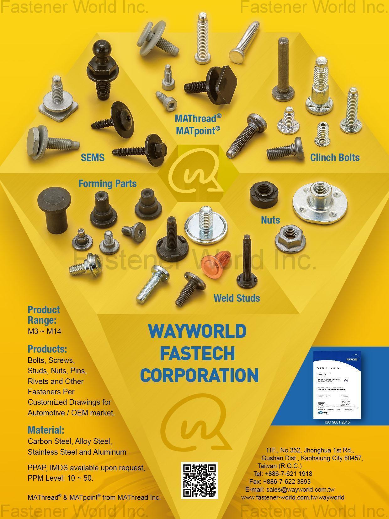 WAYWORLD FASTECH CORPORATION , Sems,Forming Parts,Weld Studs,Nuts,Clinch Bolts, MAThread®, MATpoint® , Automotive & Motorcycle Special Screws / Bolts