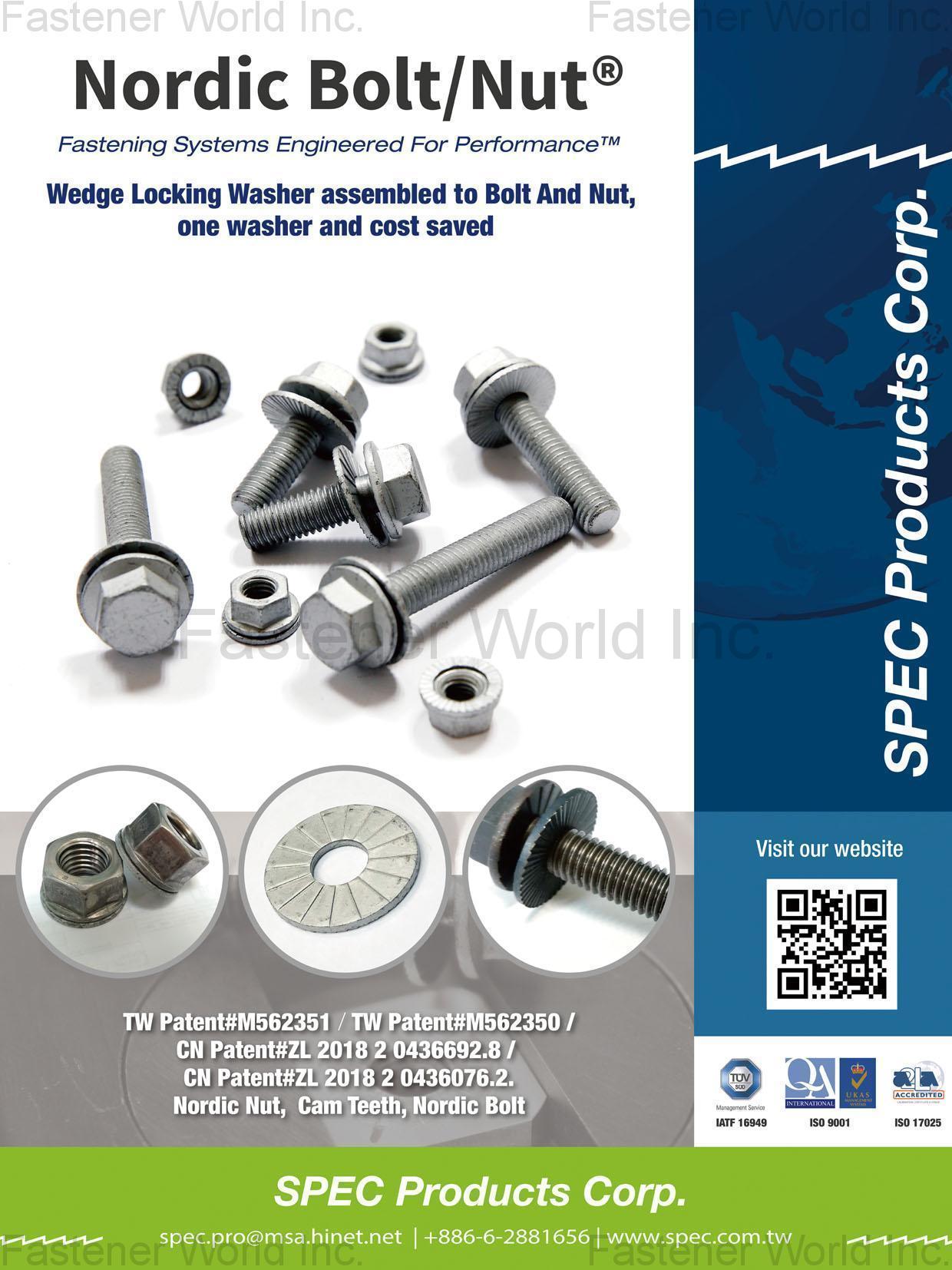 SPEC PRODUCTS CORP.  , Nordic Bolt/Nut, Wedge Locking Washer assembled to Bolt and Nut , Special Parts
