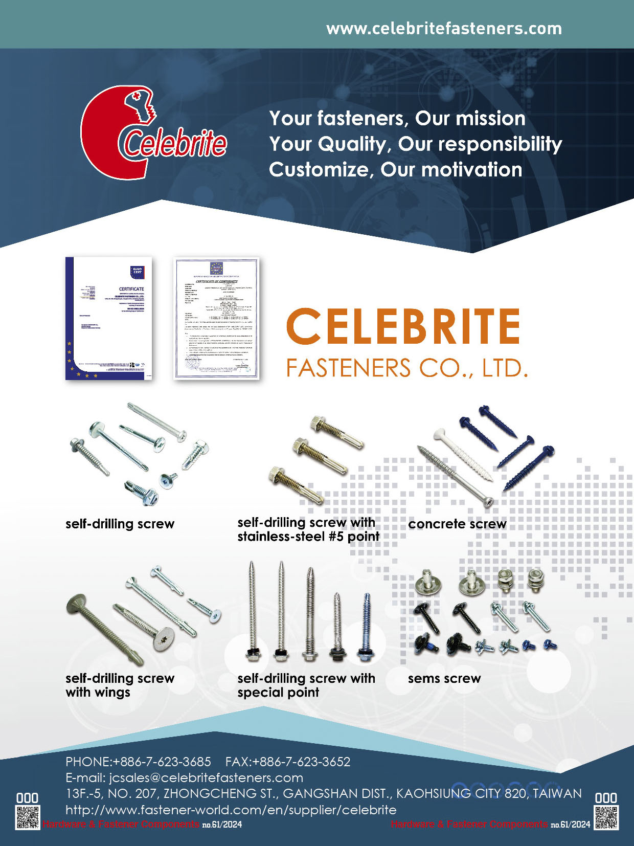 CELEBRITE FASTENERS CO., LTD. , Self-drilling Screws, Self-drilling Screw with Stainless-steel,Self-drilling Screw with wings, Self-drilling Screw with Special Point, Concrete Screw, SEMS Screw , Self-drilling Screws