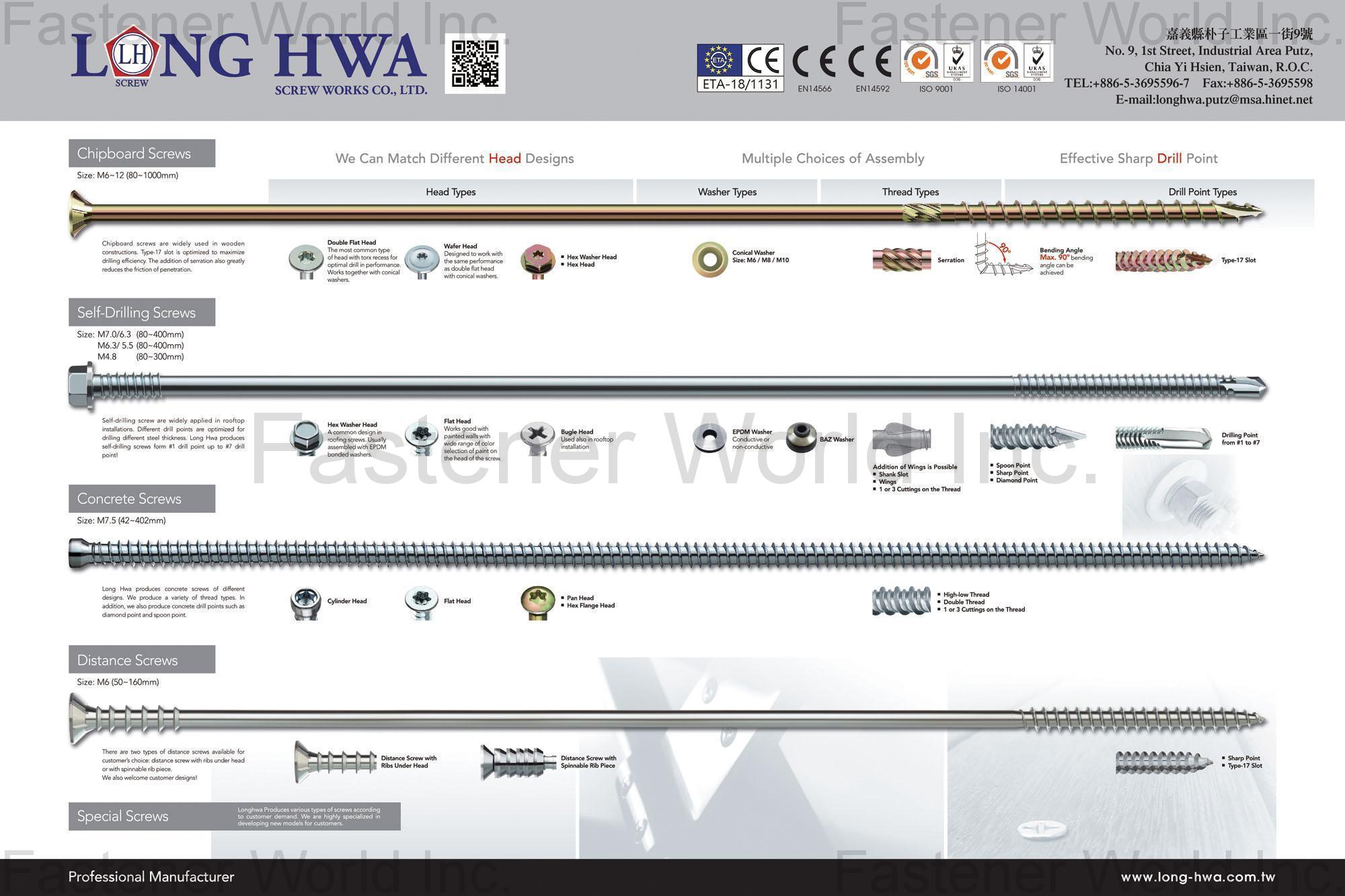 LONG HWA SCREW WORKS CO., LTD.  , Chipboard Screws,Self Drilling Screw,Concrete Screw,Distance Screws,Special Screw , Chipboard Screws
