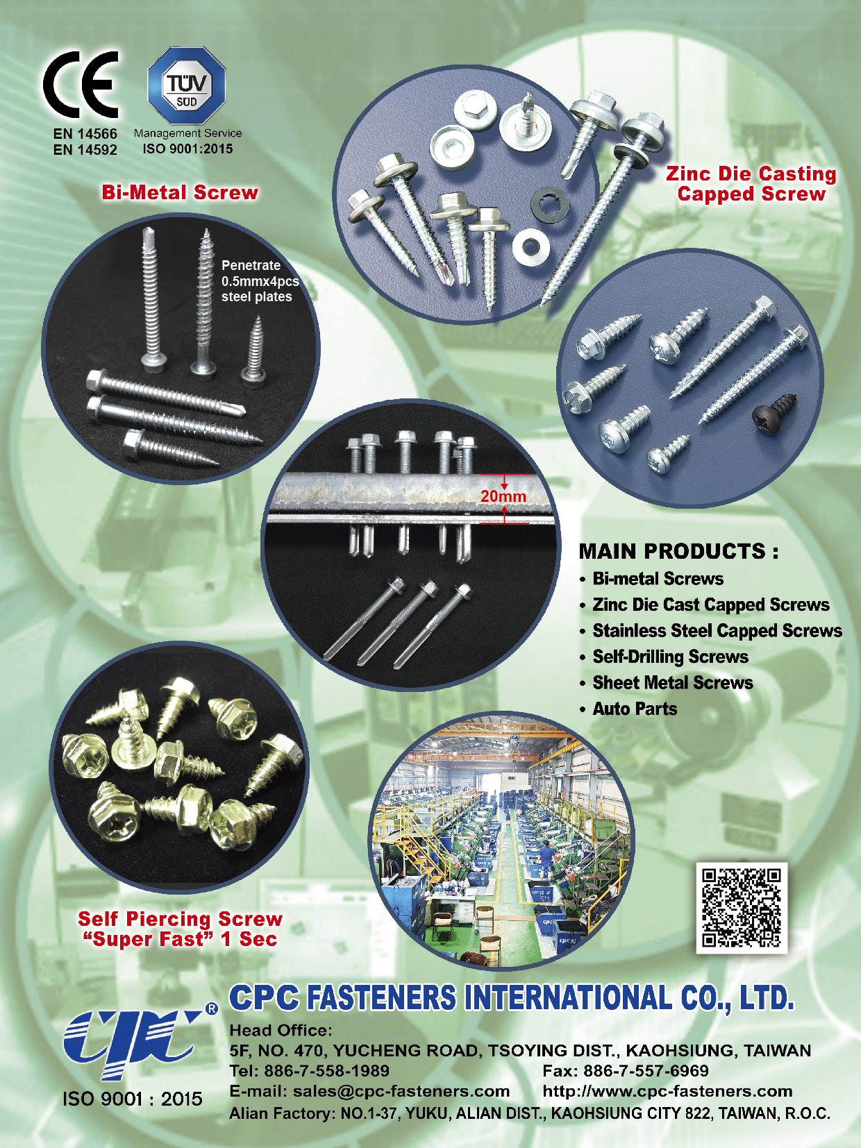 CPC FASTENERS INTERNATIONAL CO.,LTD.  , Bi-Metal Screws, Zinc Die Casting Capped Screw, Stainless Steel Capped Screw, Sheet Metal Screws, Self-Drilling Screws, Auto Parts, Self Piercing Screws , Bi-metal Screw