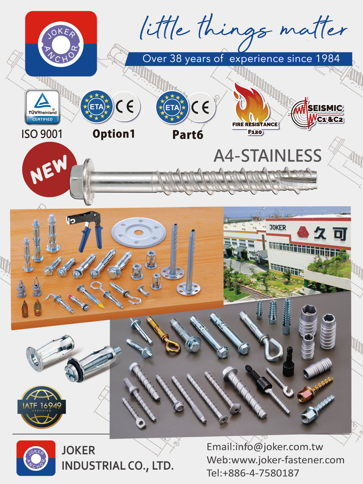 JOKER INDUSTRIAL CO., LTD. , Mechanical and Heavy Duty Anchors, Concrete screw anchor, SISSY STUD , Safety nail ceiling anchor, Sleeve anchor, Steel hammer anchor, SPENDARL, Hammer driver anchor, Screw in screw system anchor, SISSY ANCHOR, Lightweight and Plasterboard Fixings, Zinc alloy anchor, EASY ANCHOR, Hollow wall anchor, Express nail, Legs anchor, NEW FIXING, Metal Universal Plug, Rivet JACK NUT, Tool and Accessory, Hollow wall setting gun 1801, Hollow wall mounting tool 1802, Hollow wall setting tool 1803, Hollow wall mounting tool 1804, Insulation Fixing, Framework fasteners, Zinc alloy frame fixing, Metal frame , Hollow Wall Anchors JOKER INDUSTRIAL CO., LTD. , Mechanical and Heavy Duty Anchors, Concrete screw anchor, SISSY STUD , Safety nail ceiling anchor, Sleeve anchor, Steel hammer anchor, SPENDARL, Hammer driver anchor, Screw in screw system anchor, SISSY ANCHOR, Lightweight and Plasterboard Fixings, Zinc alloy anchor, EASY ANCHOR, Hollow wall anchor, Express nail, Legs anchor, NEW FIXING, Metal Universal Plug, Rivet JACK NUT, Tool and Accessory, Hollow wall setting gun 1801, Hollow wall mounting tool 1802, Hollow wall setting tool 1803, Hollow wall mounting tool 1804, Insulation Fixing, Framework fasteners, Zinc alloy frame fixing, Metal frame , Hollow Wall Anchors