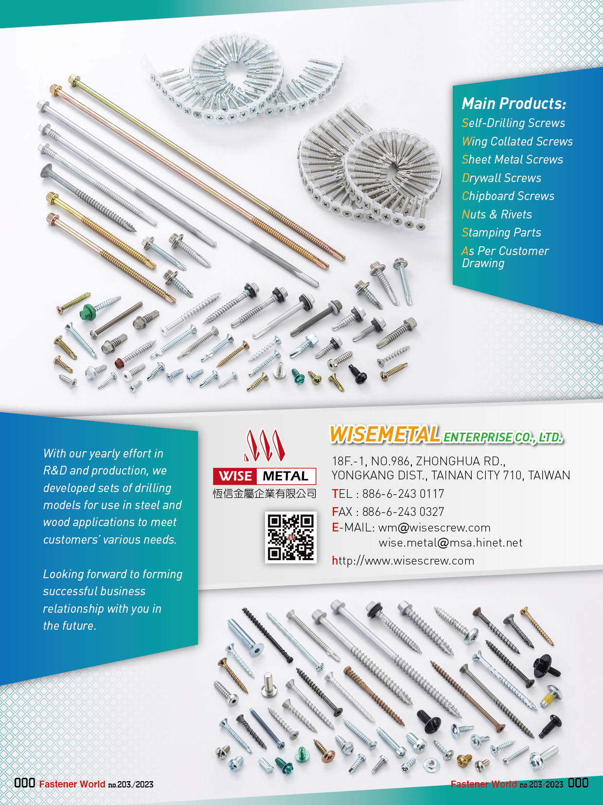 WISEMETAL ENTERPRISE CO., LTD. , Self-Drilling Screws, Wing Collated Screws, Sheet Metal Screws, Drywall Screws, Chipboard Screws, Nuts & Rivets, Stamping Parts, Customer Drawing Commend , Self-drilling Screws