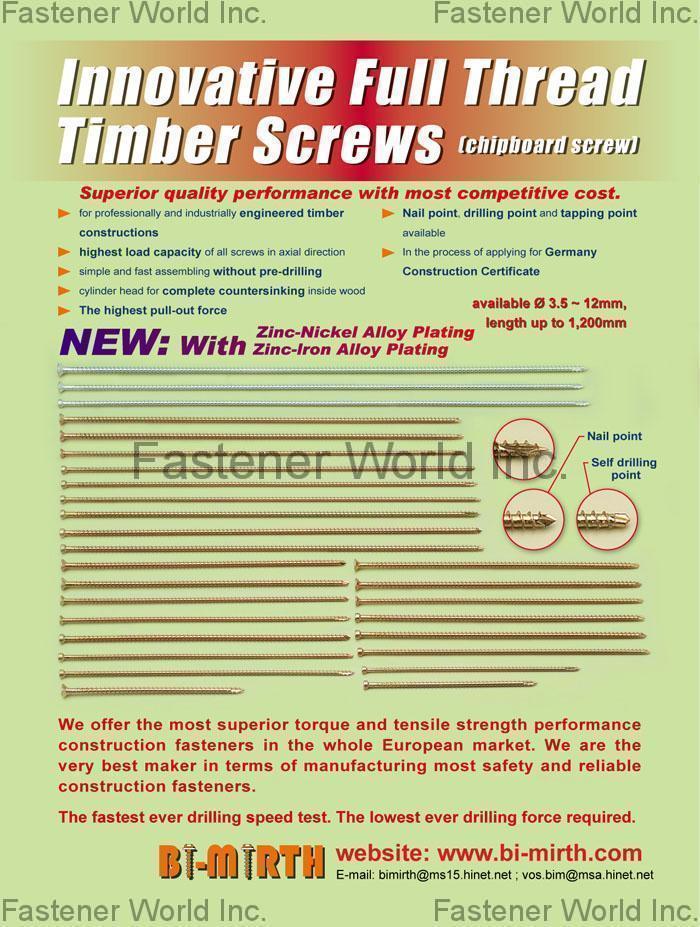 BI-MIRTH CORPORATION , Innovative Full Thread Timber Screws (Chipboard Screw) , Chipboard Screws