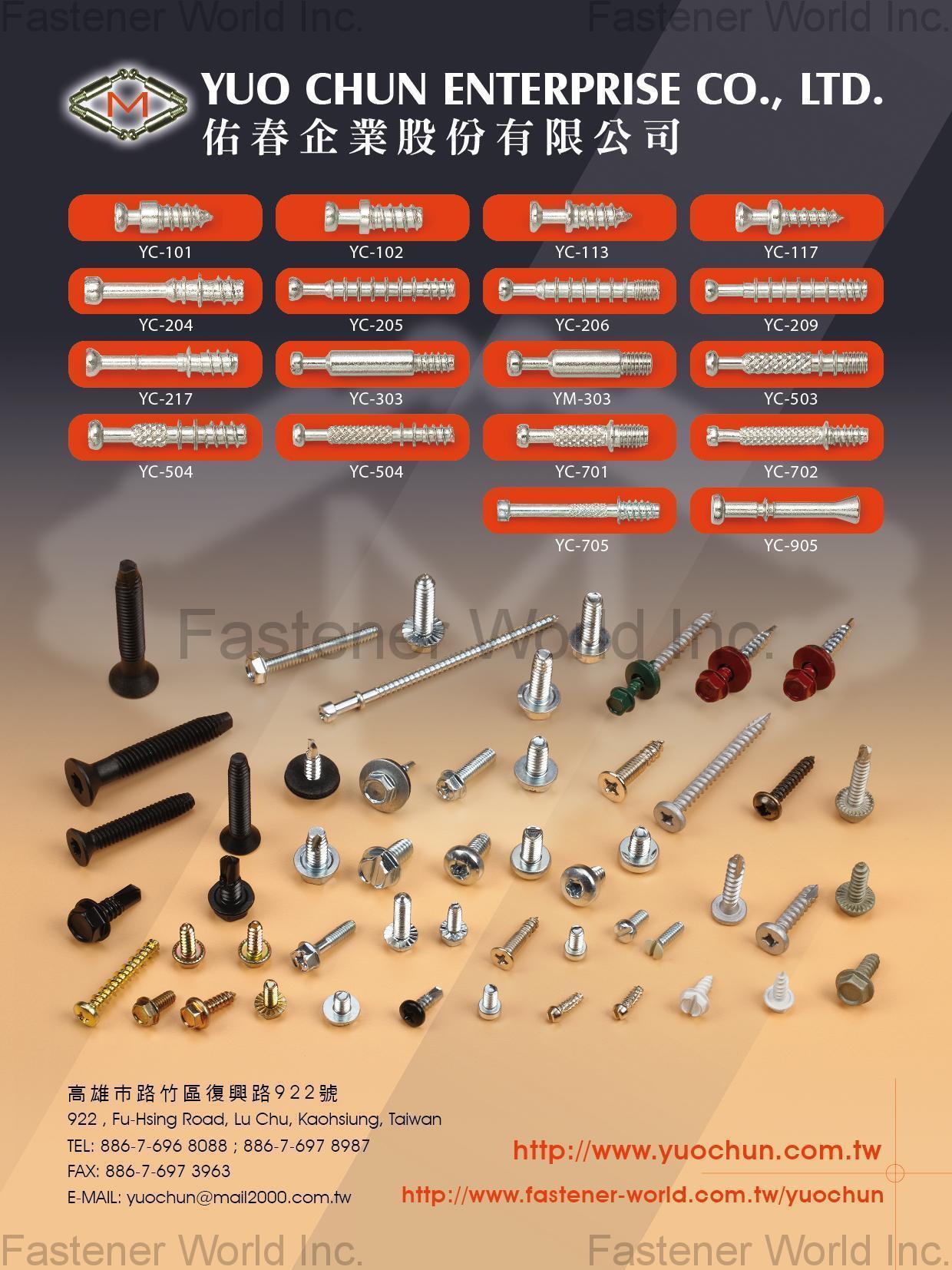 YUO CHUN ENTERPRISE CO., LTD. , Tapping Screw, TRI-LOBULAR Thread Screw, Self-Tapping Screw, Machine Screw, Self-Drilling Screw, High-Low Screw, Wood Screw, SEMI-GIMLET Point Screw, Saw Slot, Fitting Dowel, Collated Screws , Triangular Thread Screws YUO CHUN ENTERPRISE CO., LTD. , Tapping Screw, TRI-LOBULAR Thread Screw, Self-Tapping Screw, Machine Screw, Self-Drilling Screw, High-Low Screw, Wood Screw, SEMI-GIMLET Point Screw, Saw Slot, Fitting Dowel, Collated Screws , Triangular Thread Screws