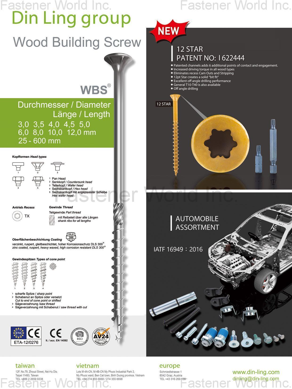 DIN LING CORP.  , Wood Building Screws, 12 Star, Automobile Assortment