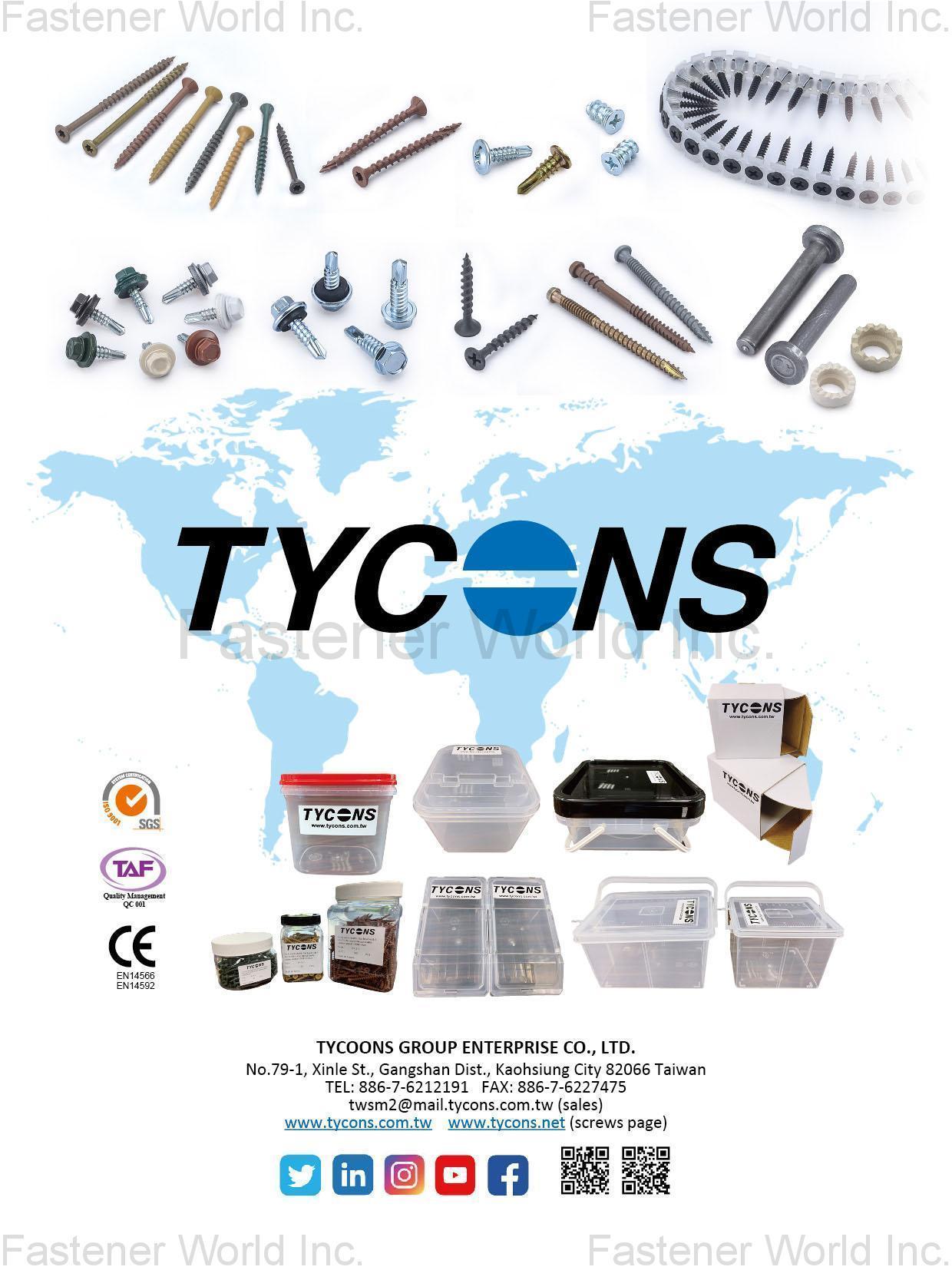 TYCOONS GROUP ENTERPRISE CO., LTD.  , Screws, Rods, Bolts, Wires , All Kinds of Screws