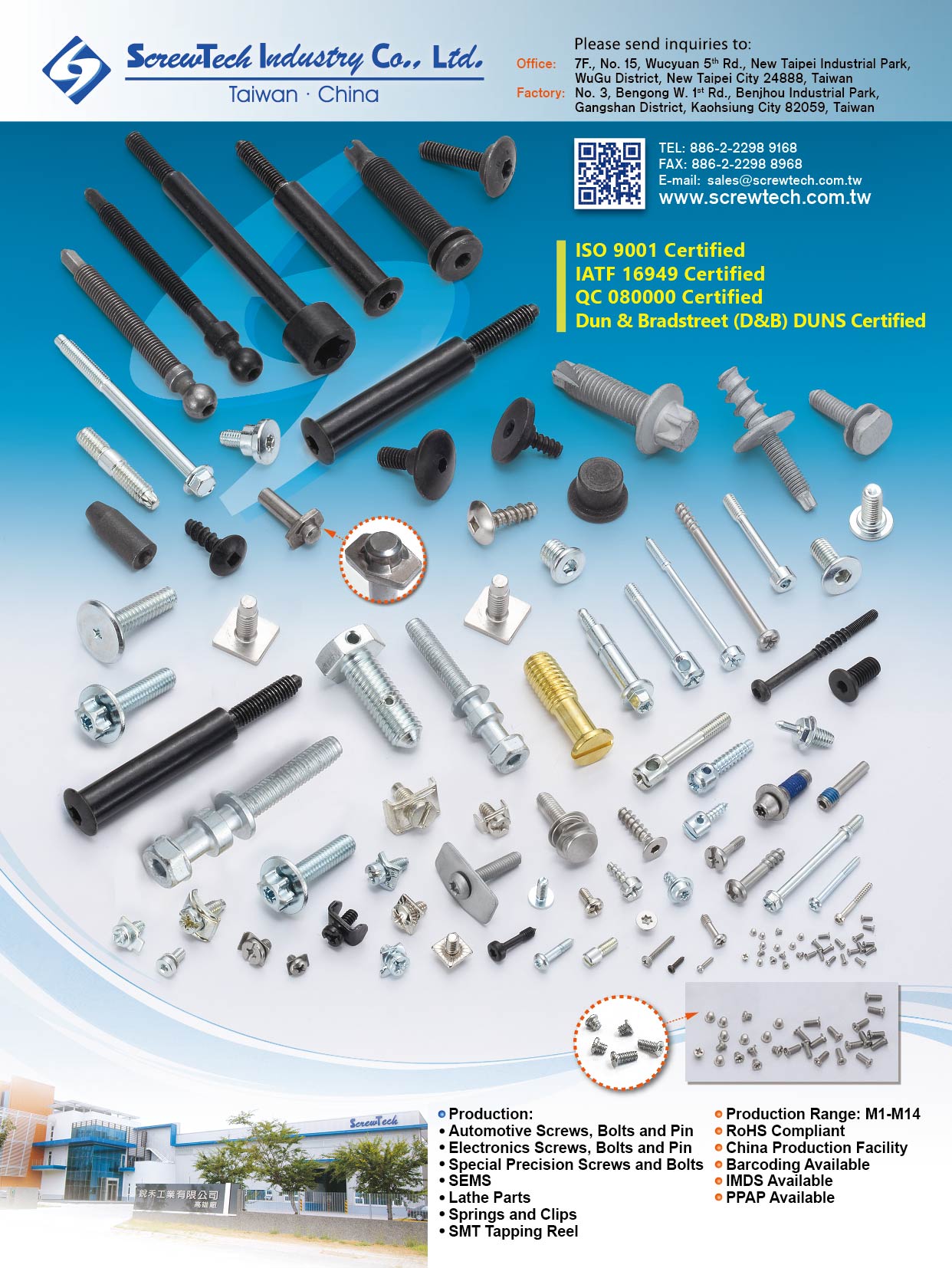 SCREWTECH INDUSTRY CO., LTD.  , Automotive Screws, Automotive Bolts, Automotive Pin, Electronic Screws, Electronic Bolts, Electronic Pin, Special Precision Screws, Special Precision Bolts, SEMS, Lathe Parts, Springs and Clips, SMT Tapping Reel , Automotive Screws