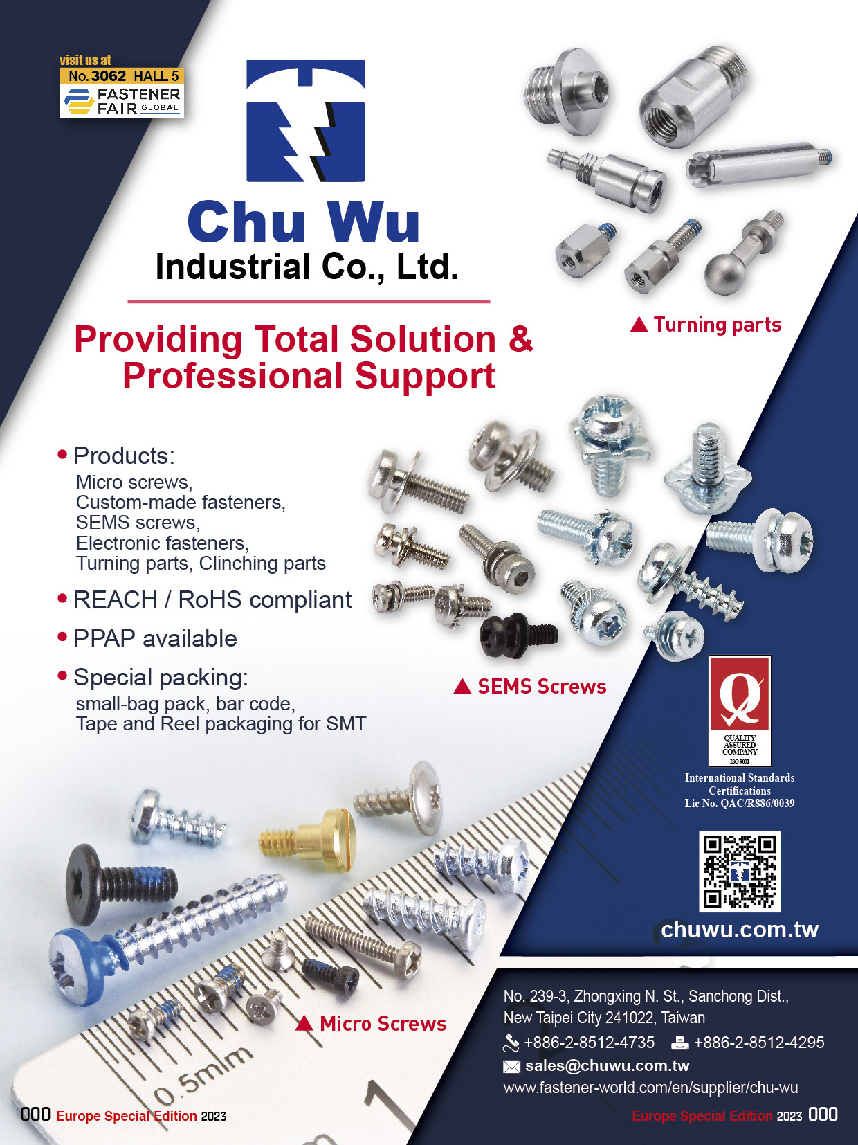 CHU WU INDUSTRIAL CO., LTD.  , Micro Screws, Custom-made Fasteners, Sems Screws, Electronic Fasteners, Turning Parts, Clinching Parts , Micro Forming Parts