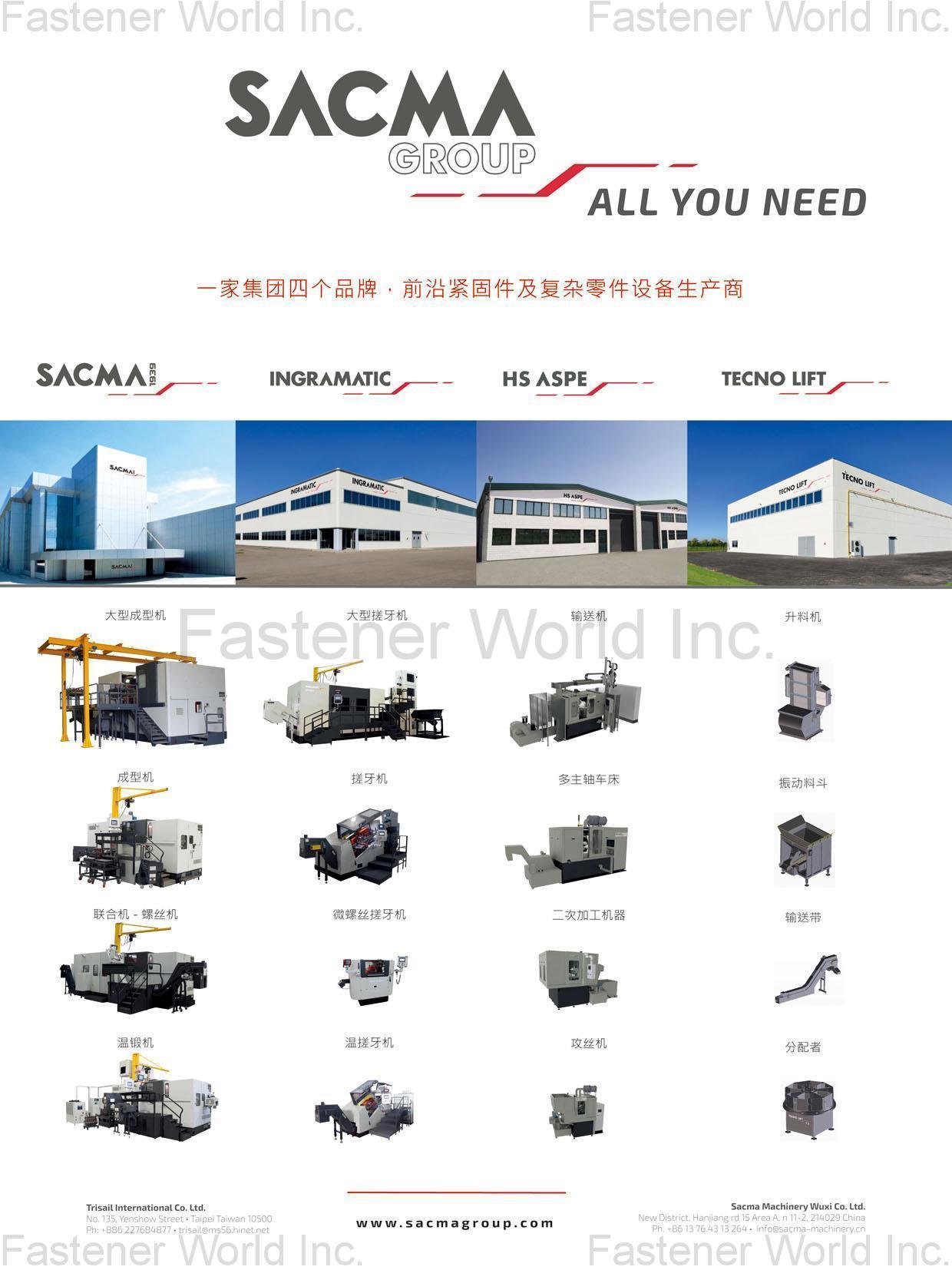 SACMA LIMBIATE S.P.A. , 成型機, 搓牙機, 輸送機, 升料機, 多主軸車床, 振動料斗, 輸送帶, 聯合機-螺絲機, 二次加工機, 溫鍛機, 溫搓牙機, 攻絲機, 分配者