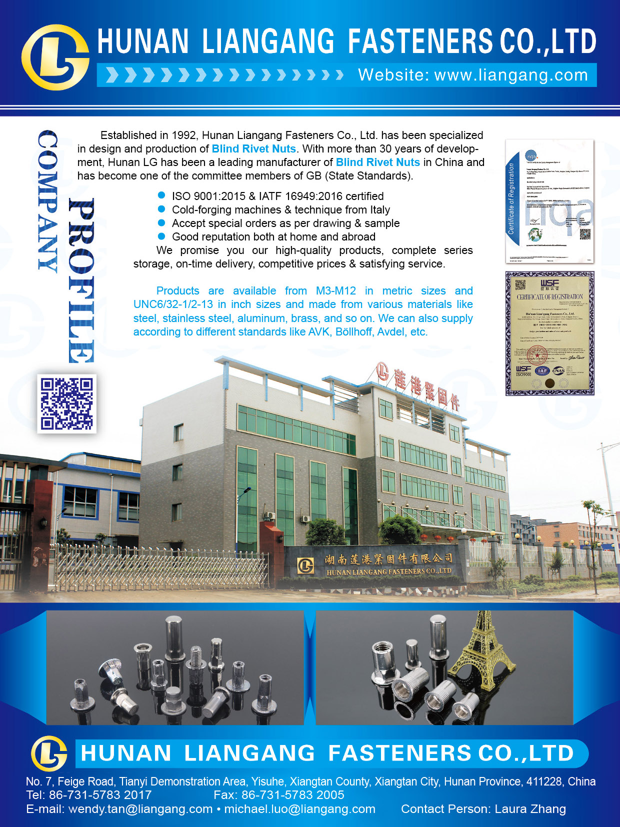 HUNAN LIANGANG FASTENERS CO., LTD. , Blind Rivet Nuts,Cold Forging Machines&technique from Italy,special order as per drawing&sample,