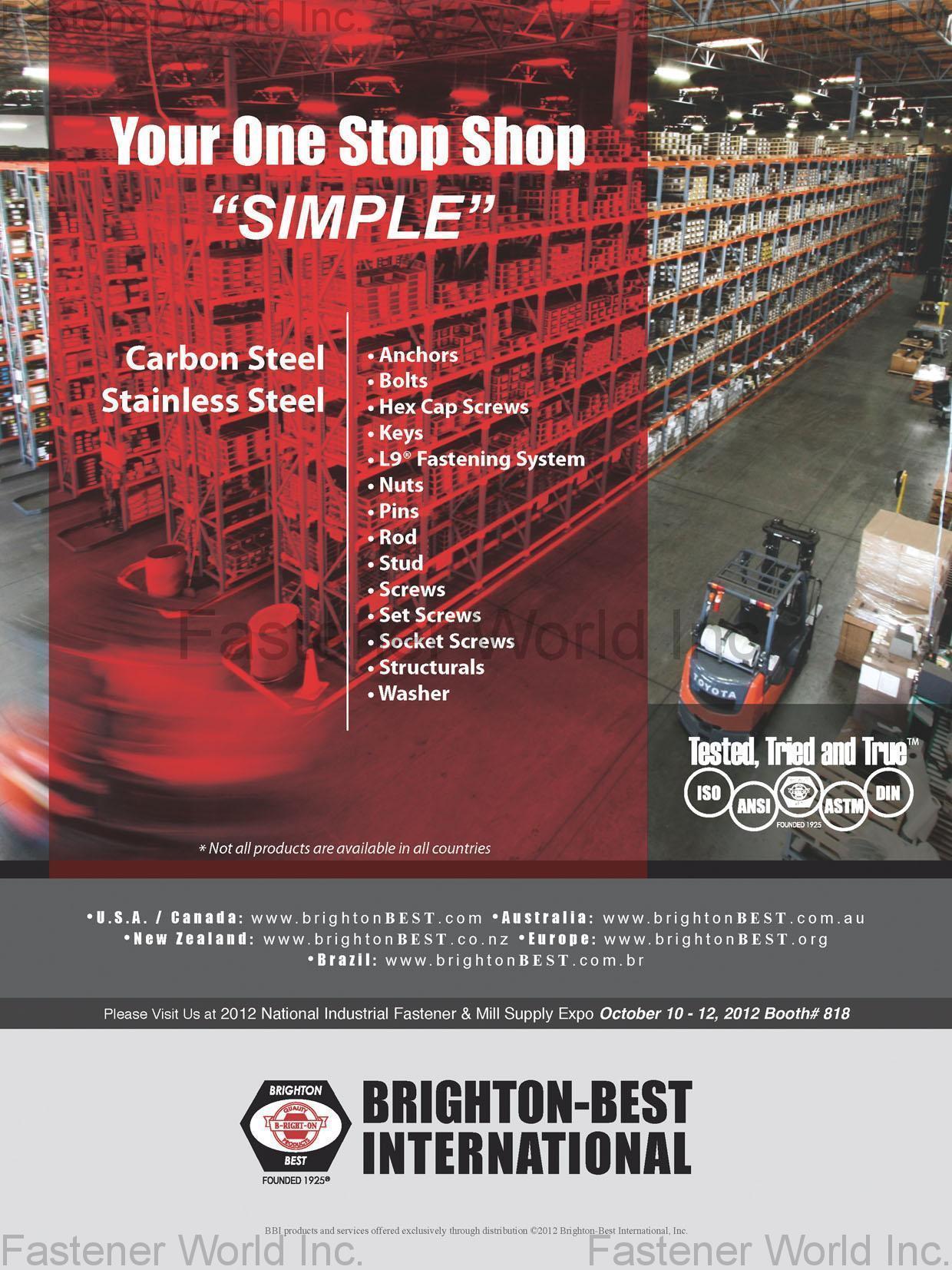 BRIGHTON-BEST INTERNATIONAL, INC.  , Anchors, Bolts, Hex Cap Screw, Keys, L9 Fastening System, Nuts, Pins, Rod, Stud, Screws, Set Screws, Socket Screws, Structurals, Washer , Screws