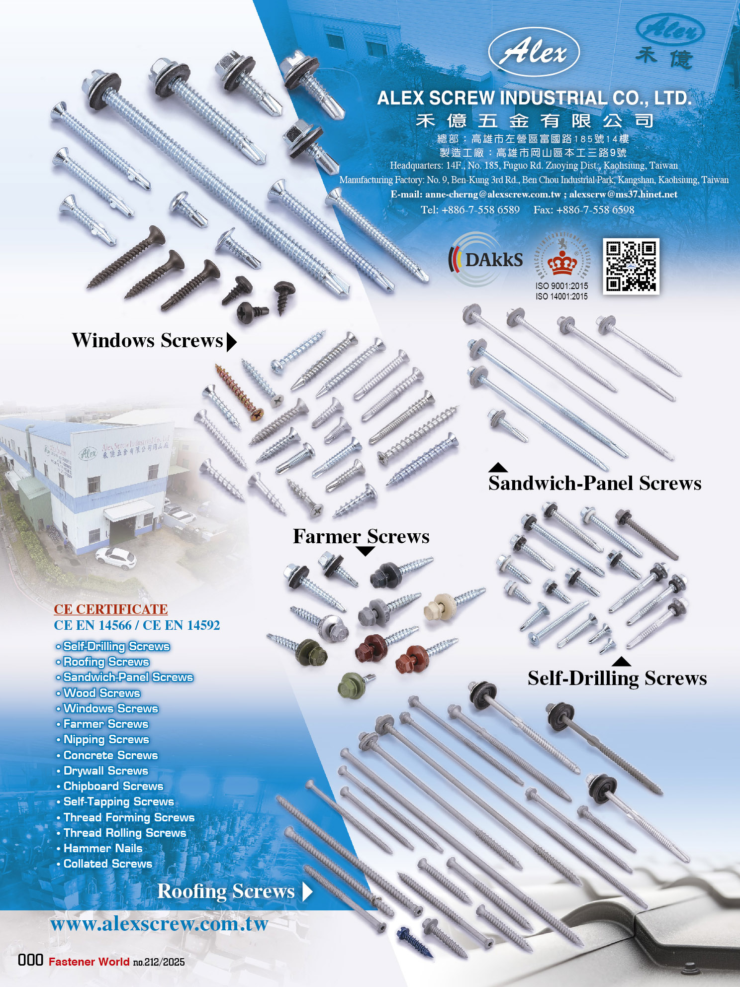 ALEX SCREW INDUSTRIAL CO., LTD.  , Chipboard Screws / Drywall Screws / Plastite Screws / Machine Screws / Roofing Screws / Concrete Screws / Self-Tapping Screws / Self-drilling Screws / TRI-LOBULAR Screws / Wood Screws / Collated Screws / Thread Forming Screws