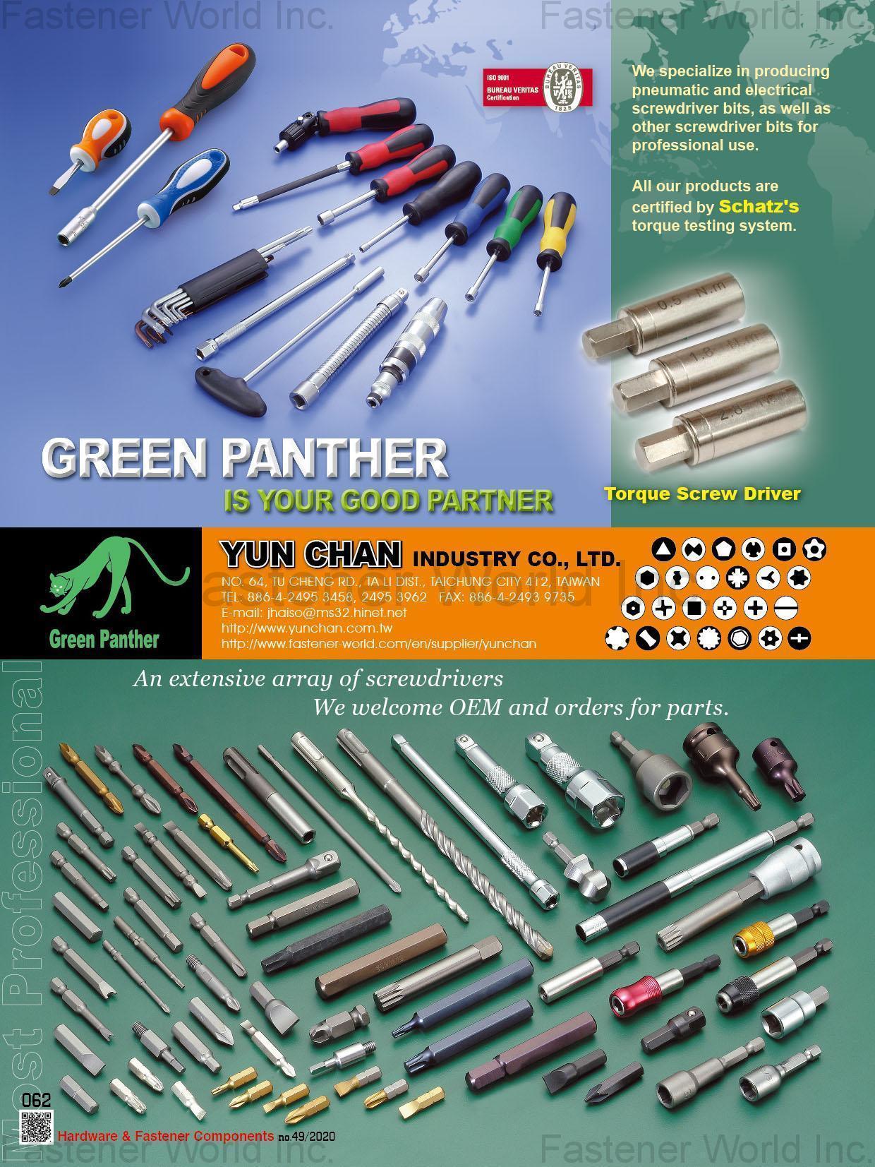 YUN CHAN INDUSTRY CO., LTD. , Screwdrivers, Screwdriver Bits, Drywall, Drill Bits, Allen Key, Nut Setter, Tool Kits, Impact Driver, Drive Sockets, Bit Socket, Ratchet Drivers