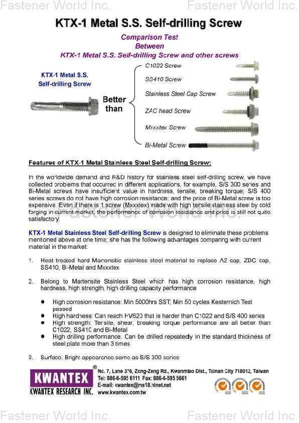 KWANTEX RESEARCH INC.  ,  KTX-1 Metal S.S. Self-drilling Screw