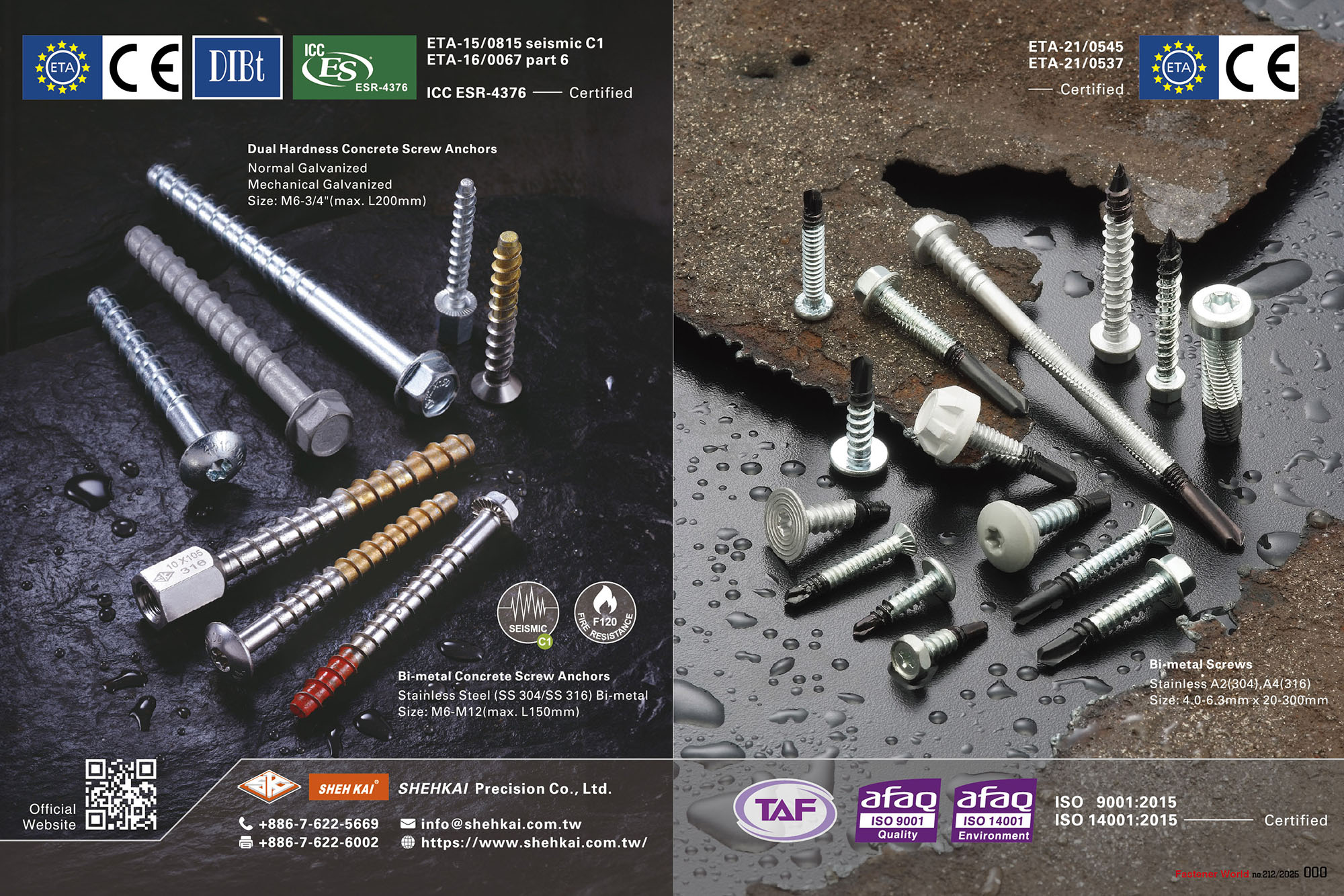 SHEH KAI PRECISION CO., LTD.  , Bi-Metal Screws, Bi-Metal Concrete Screw Anchors, Dual-Hardness Concrete Screw Anchors