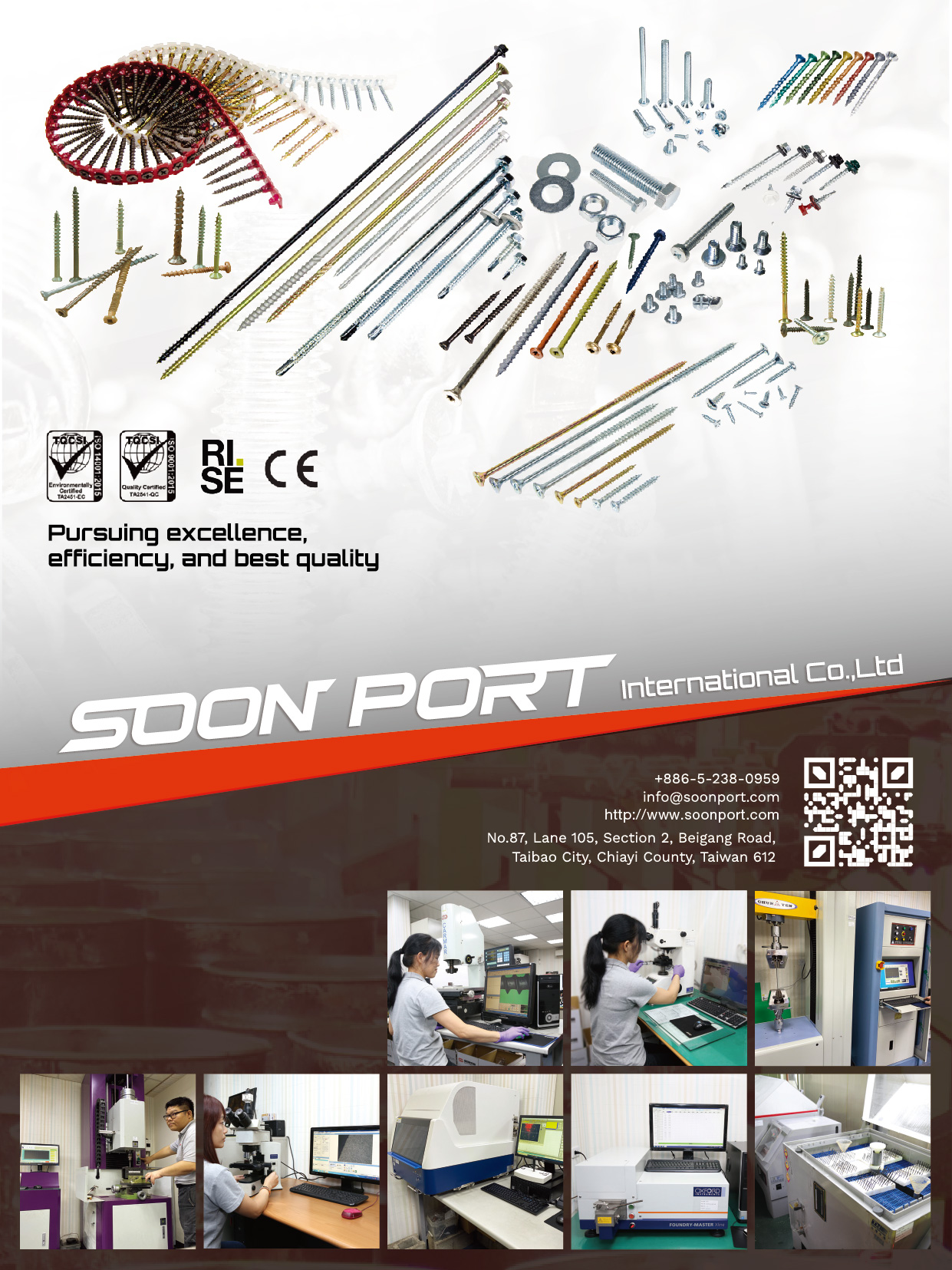 SOON PORT INTERNATIONAL CO., LTD. , Chipboard Screws, Self-tapping Screws, Concrete Screws, Drywall Screws, Triangular Screws, Stainless Steel Screws, Collated Screws, Machine Screws, Customized Screws, Carriage Screws, Self-drilling Screws, Special Screws, Deck Screws, Roofing Screws, Bi-metal Screws, Long Screws